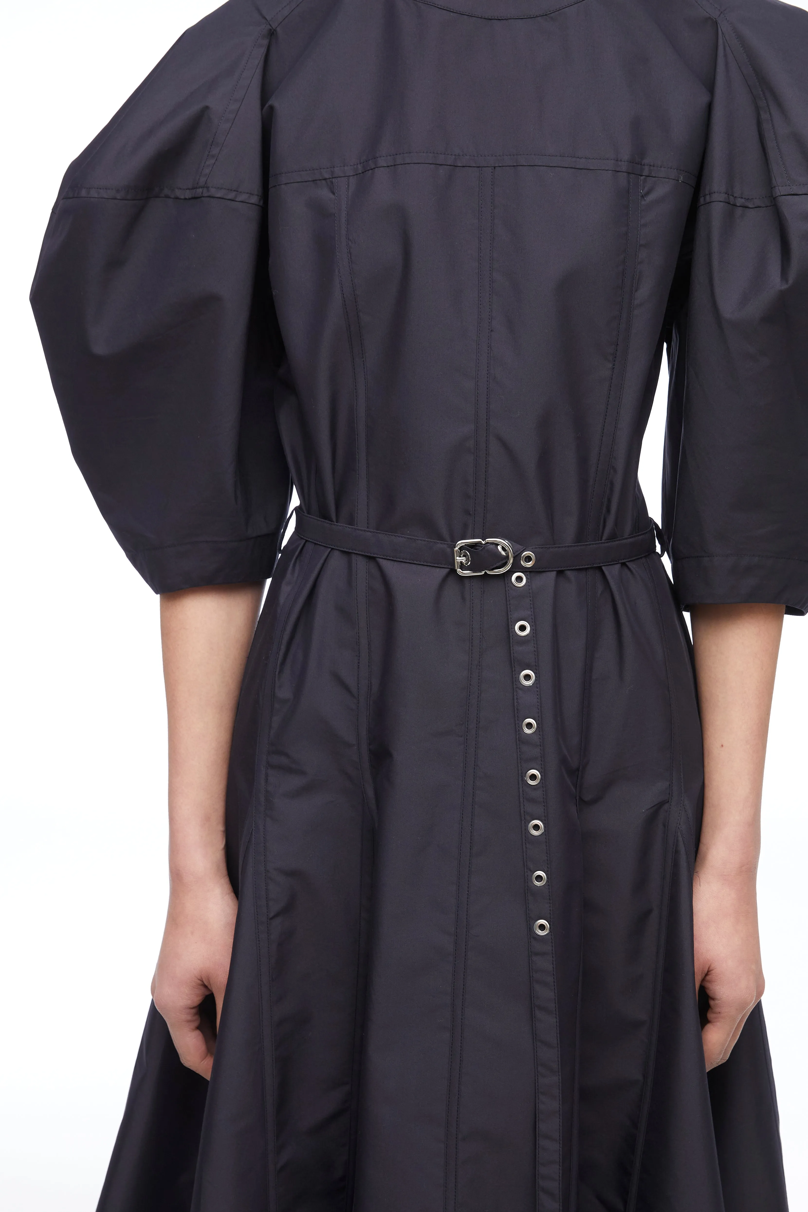 Puff Sleeve Belted Godet Midi Dress