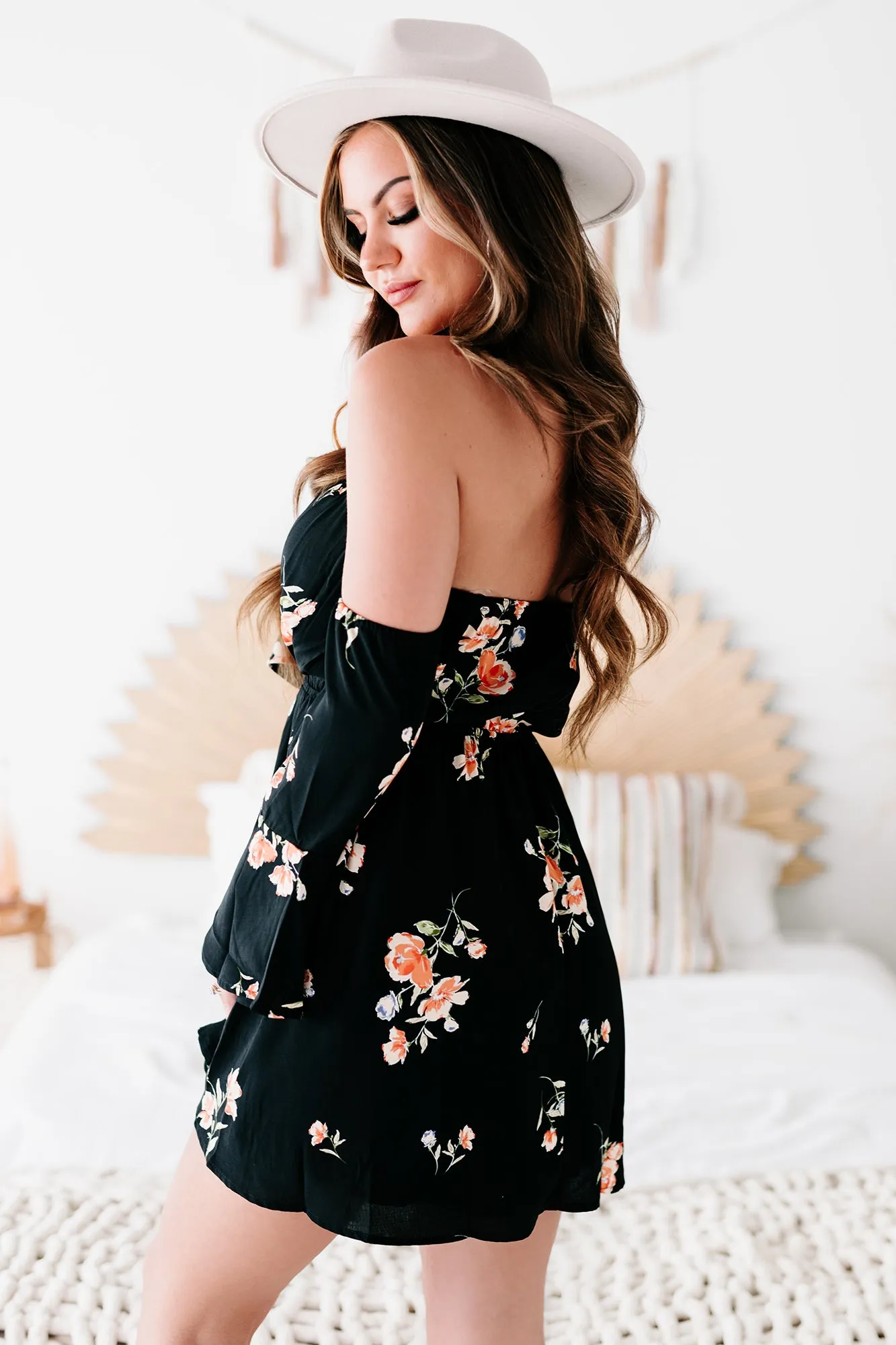 "Hope Is A Heartache" Floral Off The Shoulder Dress (Black/Coral)