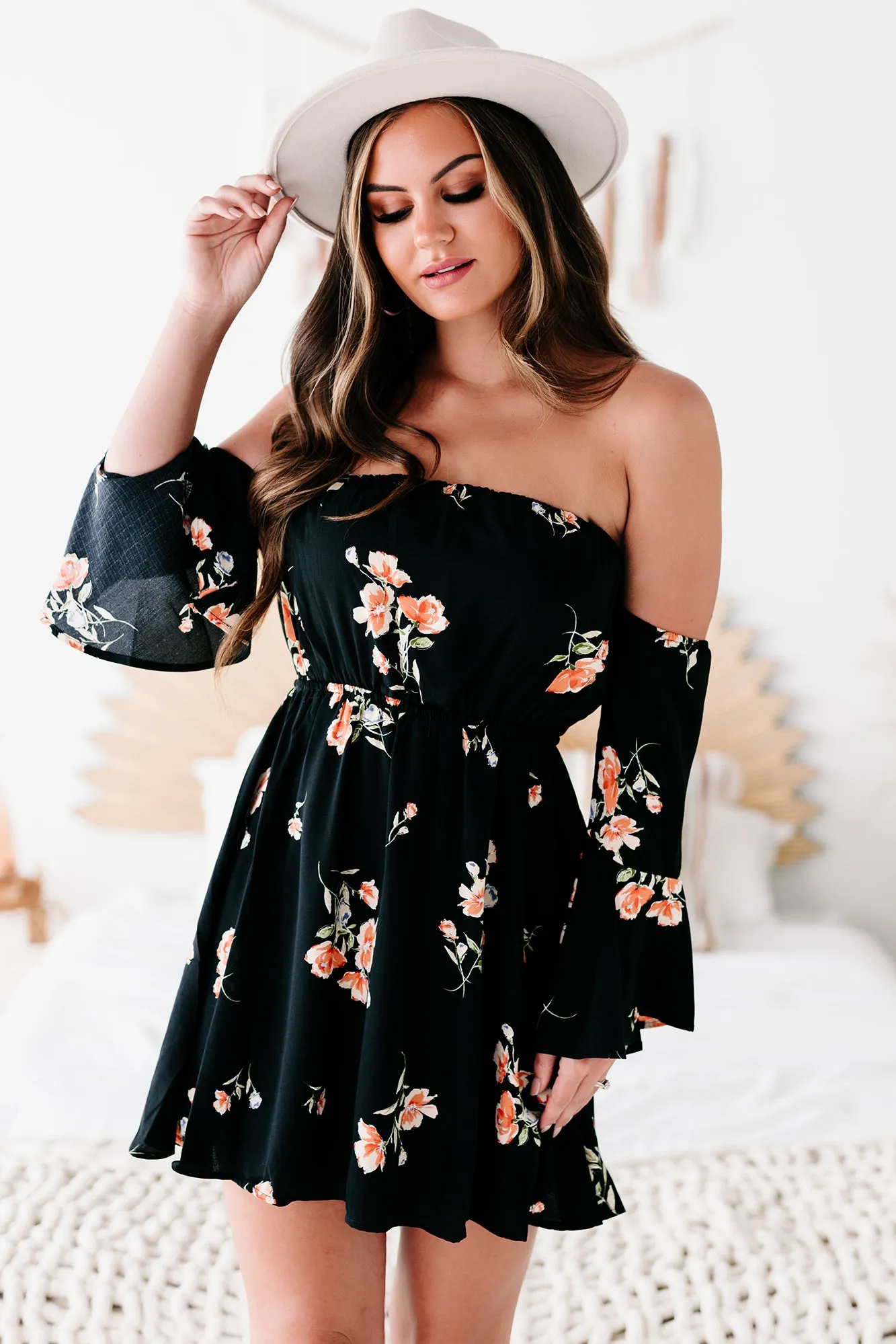 "Hope Is A Heartache" Floral Off The Shoulder Dress (Black/Coral)