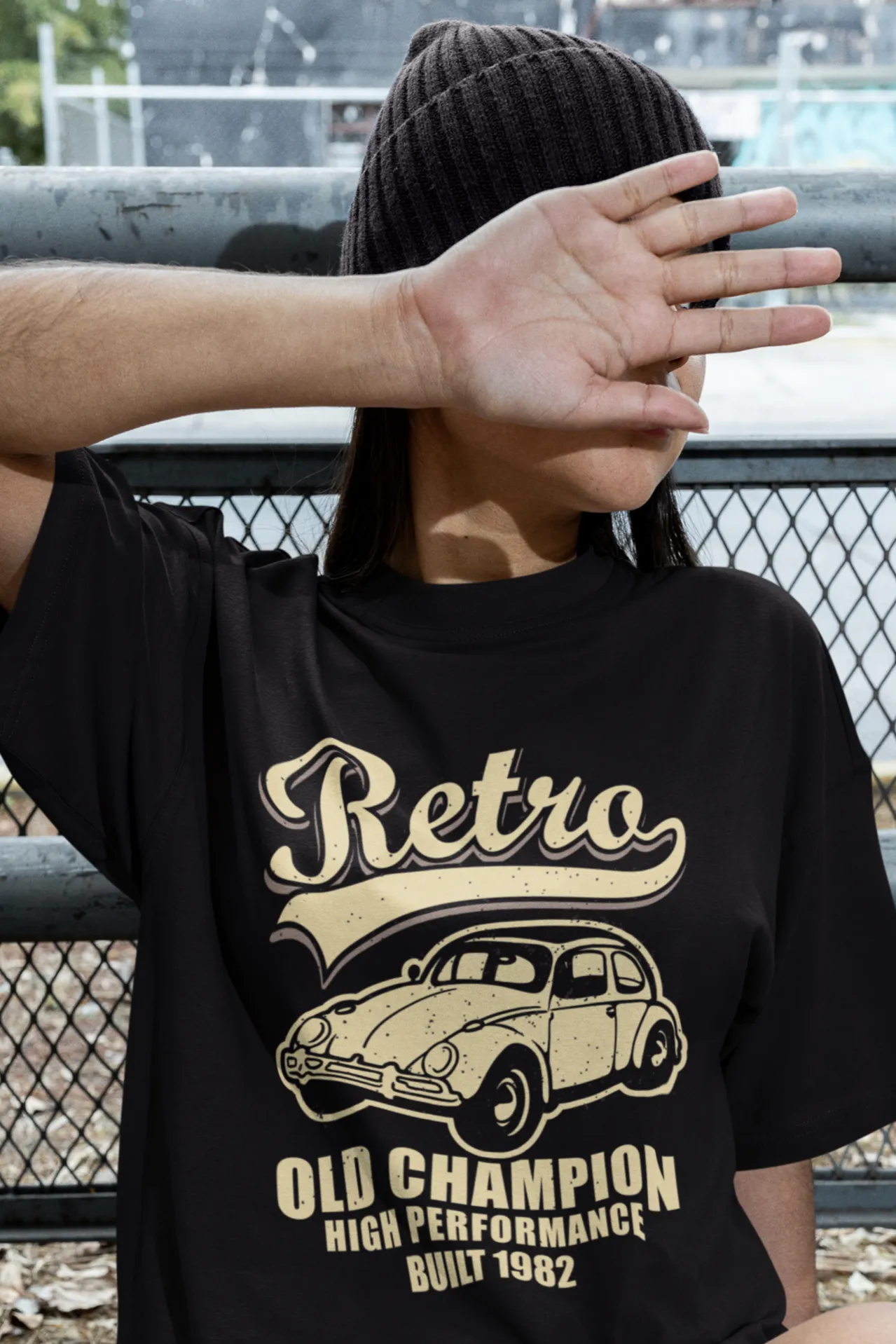 Retro Old Champion Graphic Printed Unisex Black Oversized T-shirt