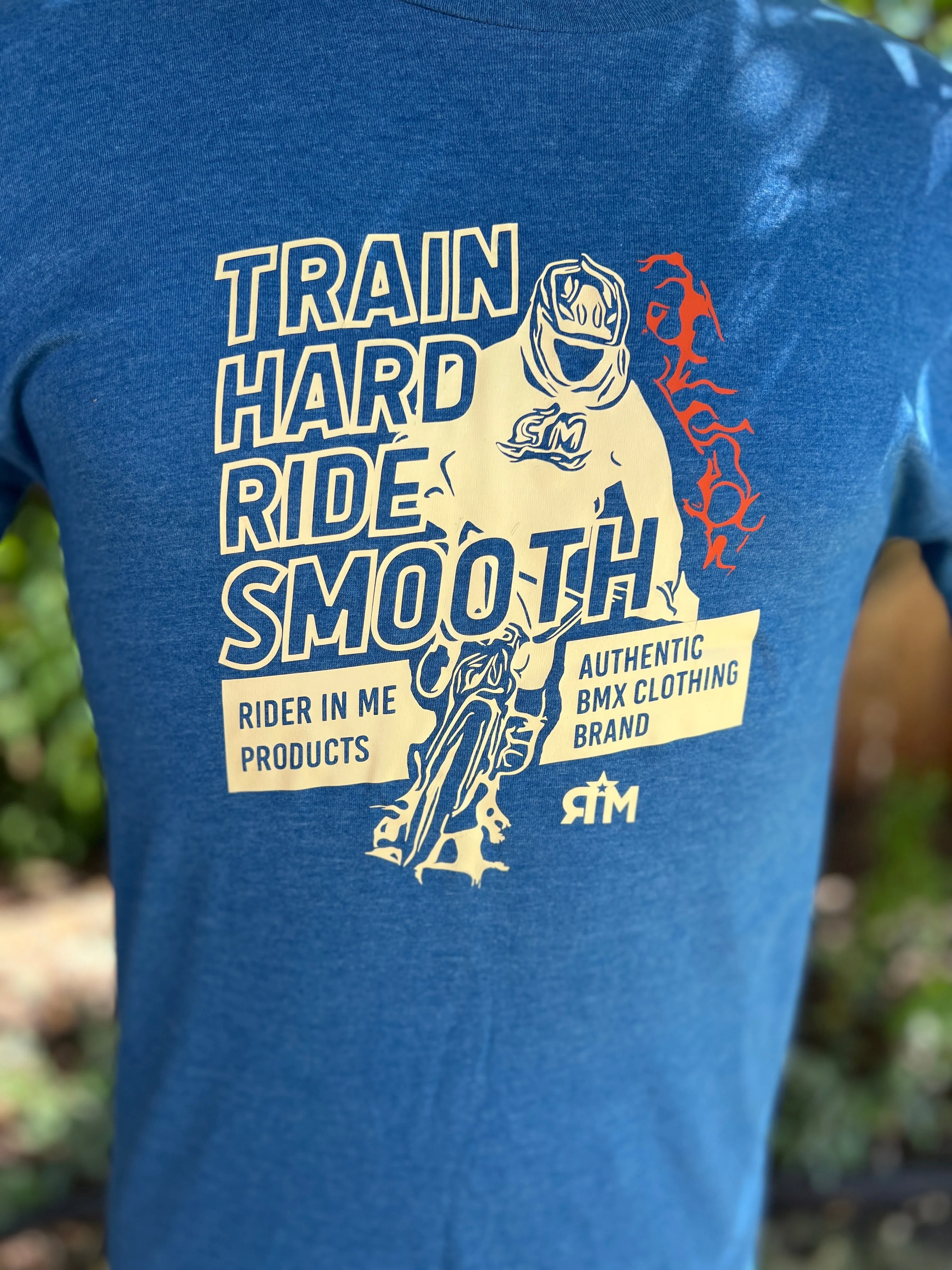 RIM Train Hard Ride Smooth Unisex Tee shirt Cold Blue/Light Yellow/Orange