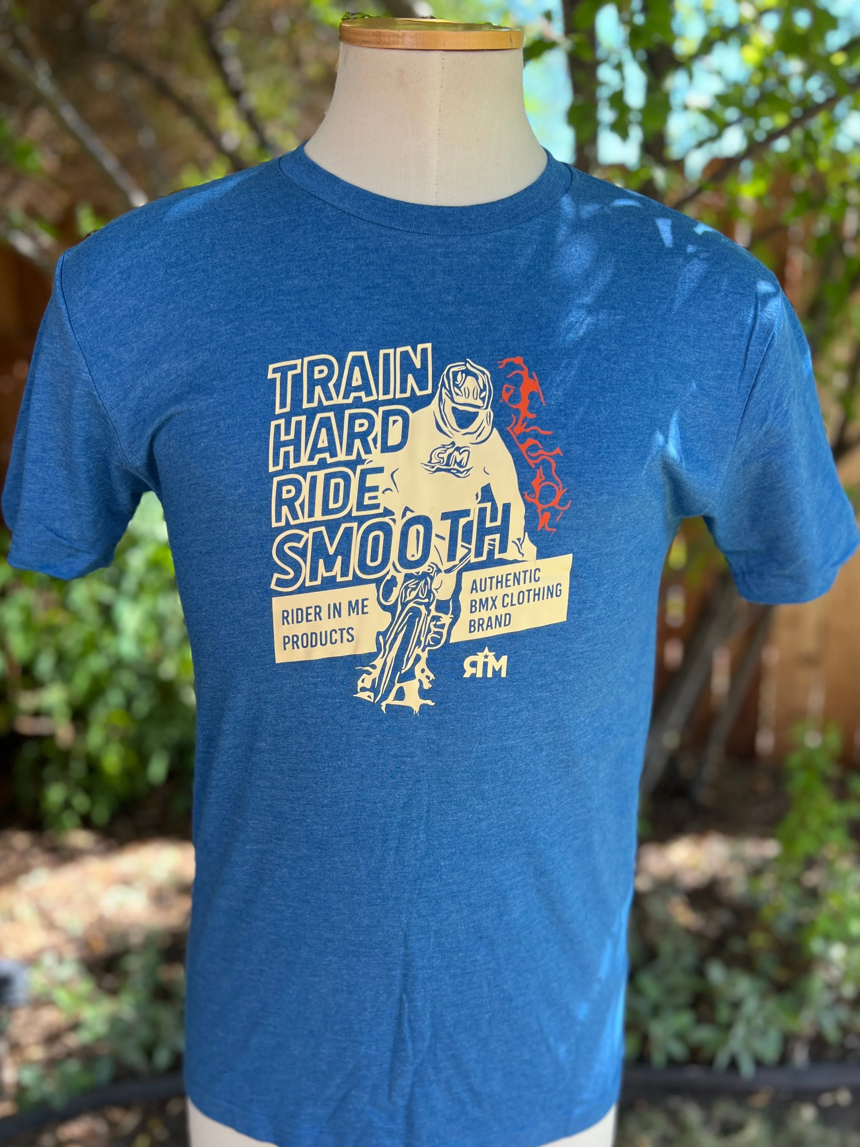 RIM Train Hard Ride Smooth Unisex Tee shirt Cold Blue/Light Yellow/Orange