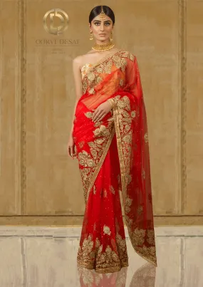 Scarlet Red Net Sari with Zari Embroidery