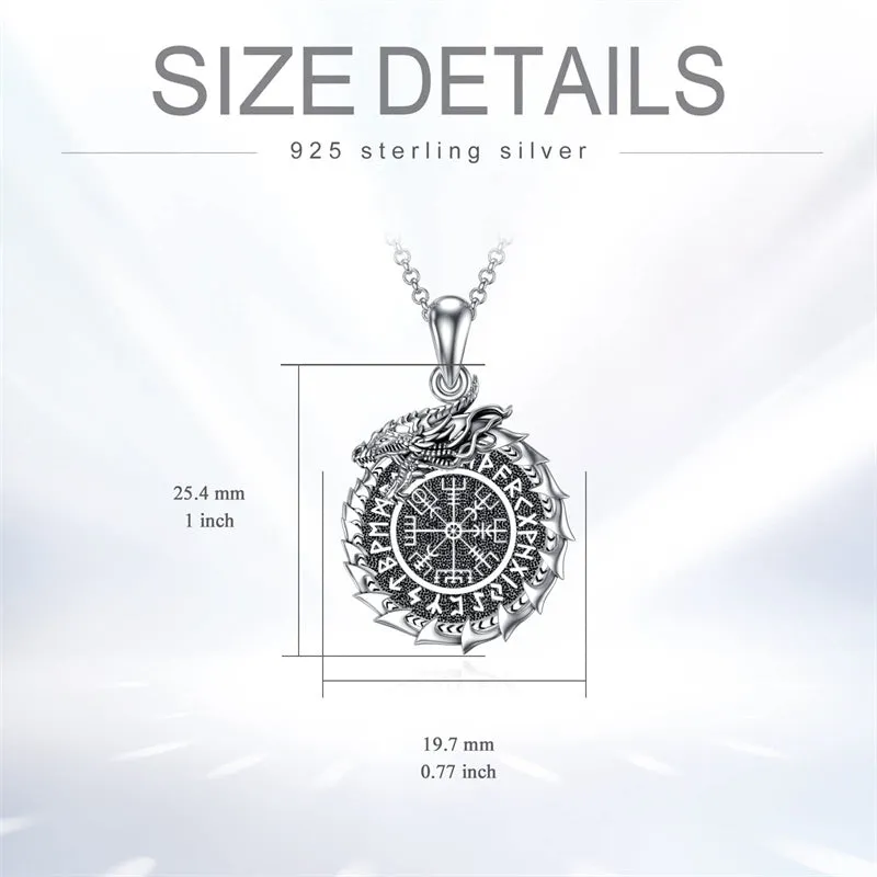 Serling Silver Vegvisir PendantViking DragonViking Runes Compass Necklace Protection Amulet Necklace for Men