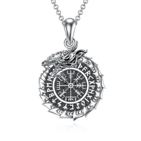 Serling Silver Vegvisir PendantViking DragonViking Runes Compass Necklace Protection Amulet Necklace for Men