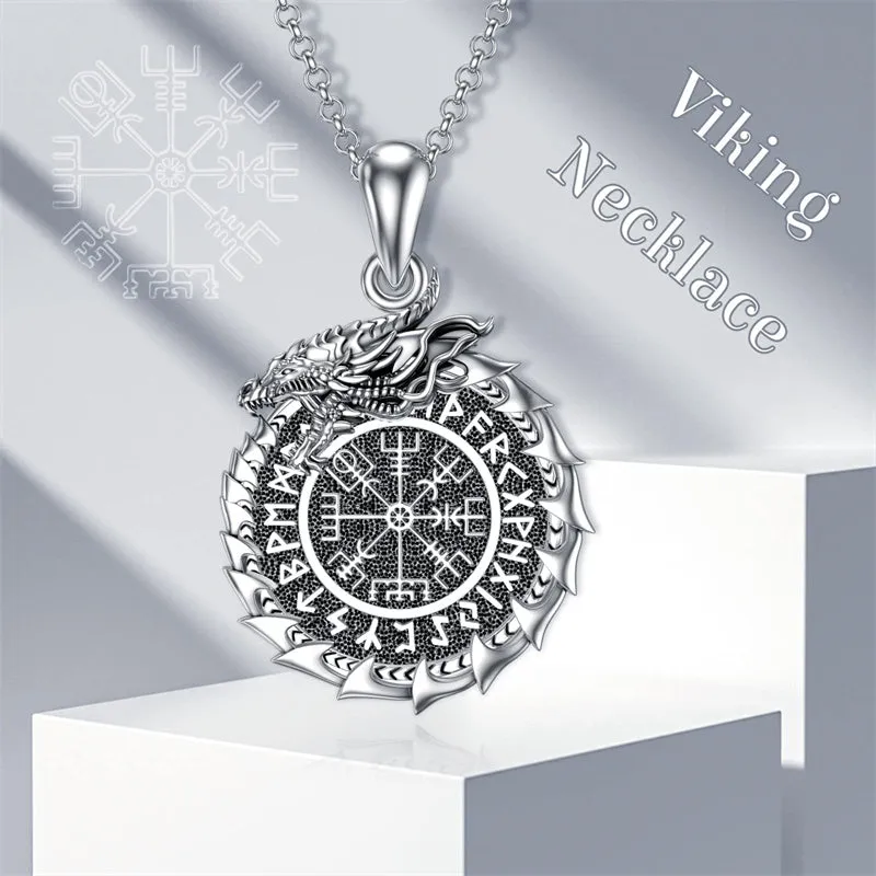 Serling Silver Vegvisir PendantViking DragonViking Runes Compass Necklace Protection Amulet Necklace for Men