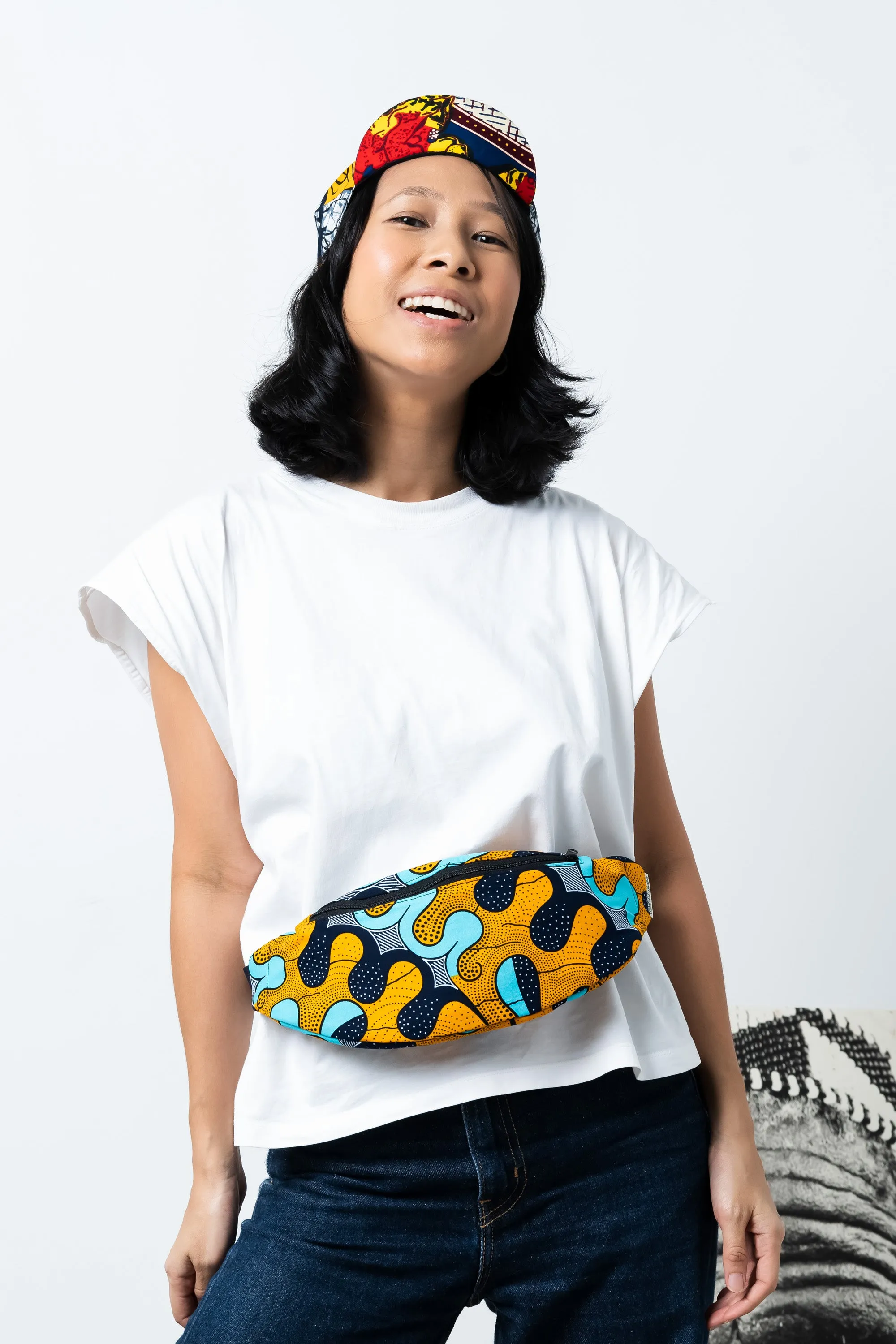 Seye Waistbag -  Cyan Yellow and Blue African Ankara Wax Cotton Print -3