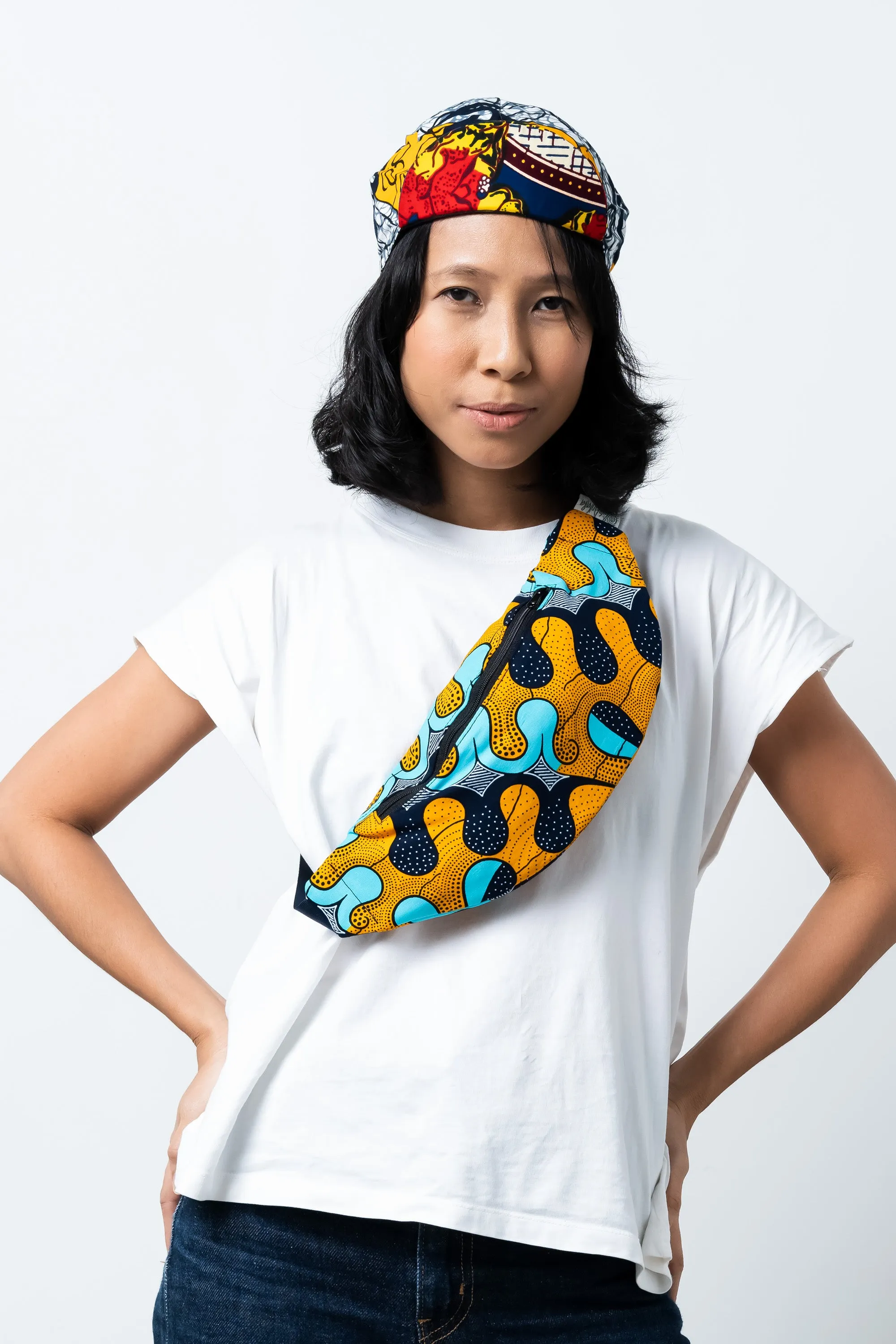 Seye Waistbag -  Cyan Yellow and Blue African Ankara Wax Cotton Print -3