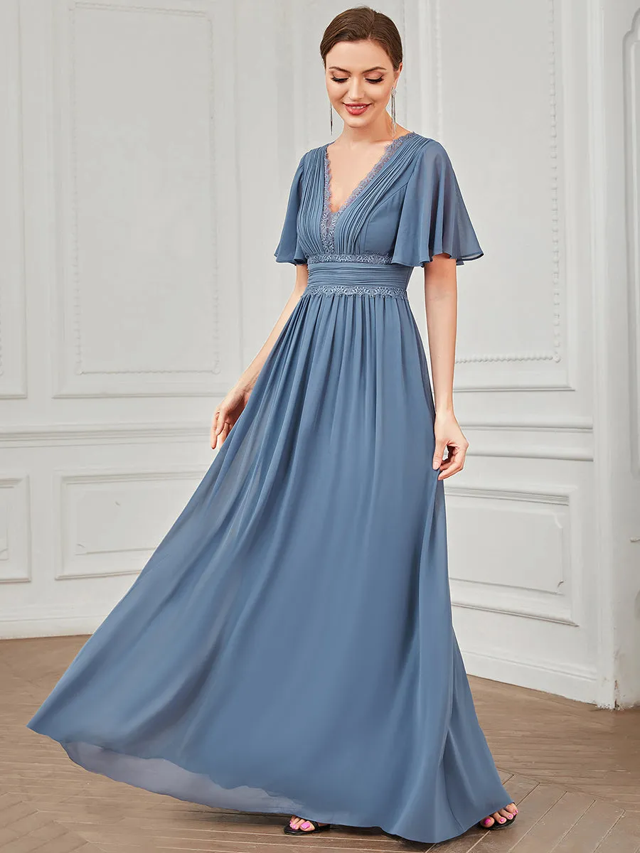 Short Ruffles Sleeves Deep V Neck A Line Wholesale Bridesmaid Dresses