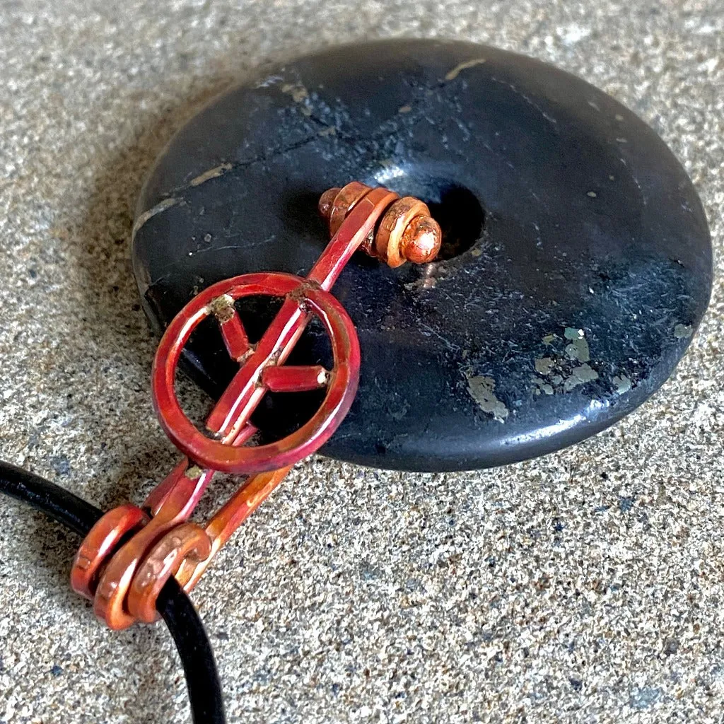 Shungite Donut Necklace With Artisan Copper Peace Sign Bail