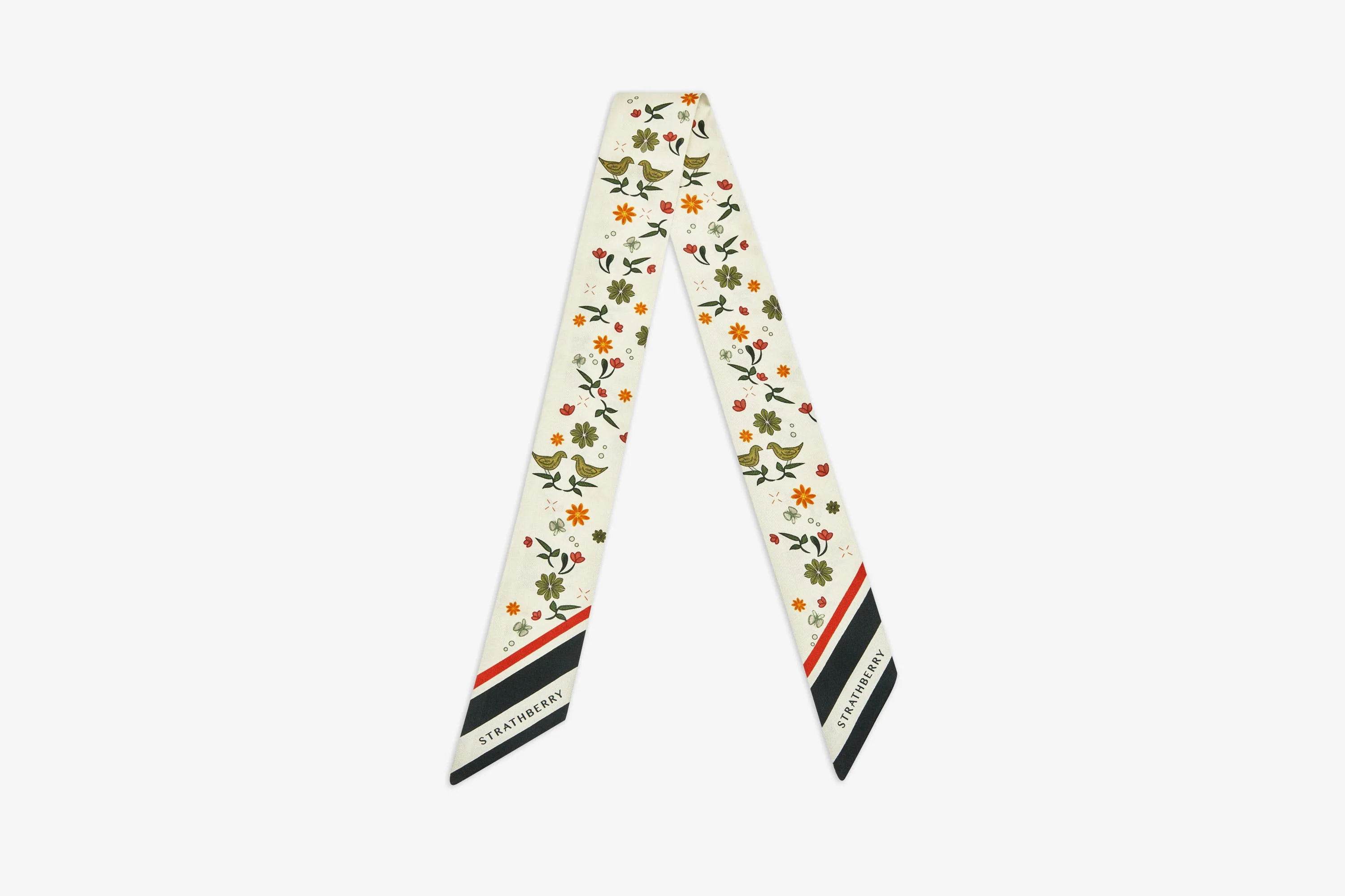 Silk Skinny Scarf - Vanilla Bird Print