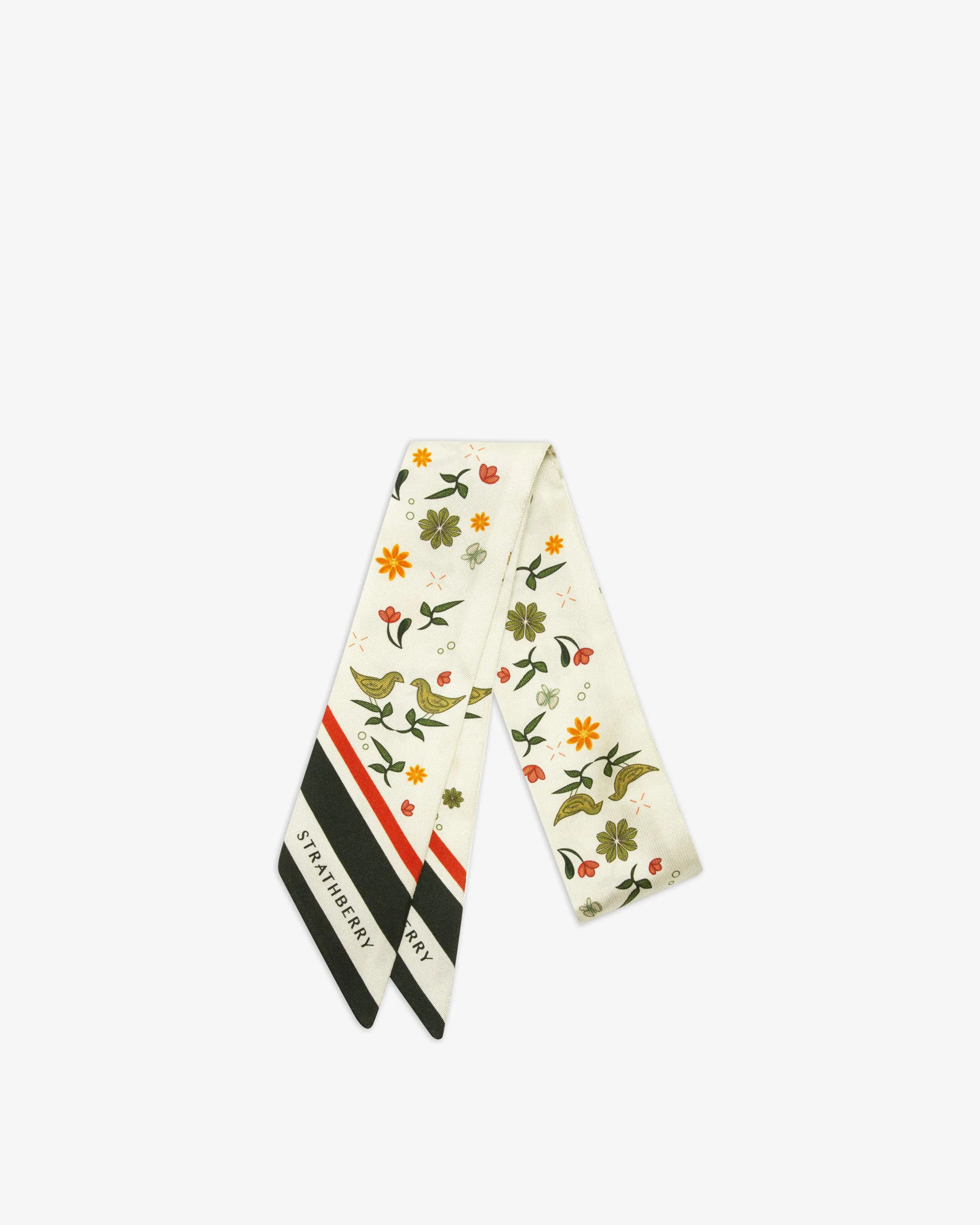 Silk Skinny Scarf - Vanilla Bird Print