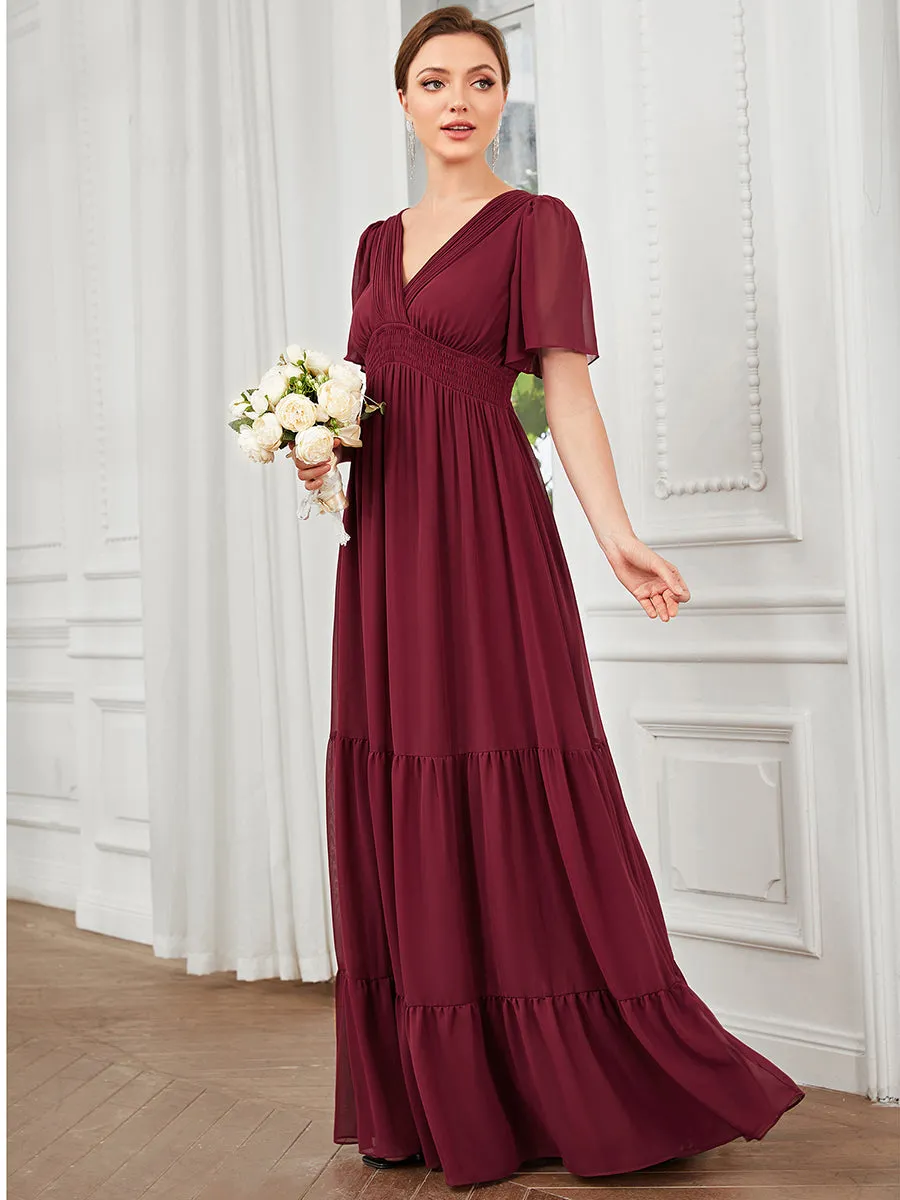 Simple V Neck A Line Short Sleeves Wholesale Bridesmaid Dresses