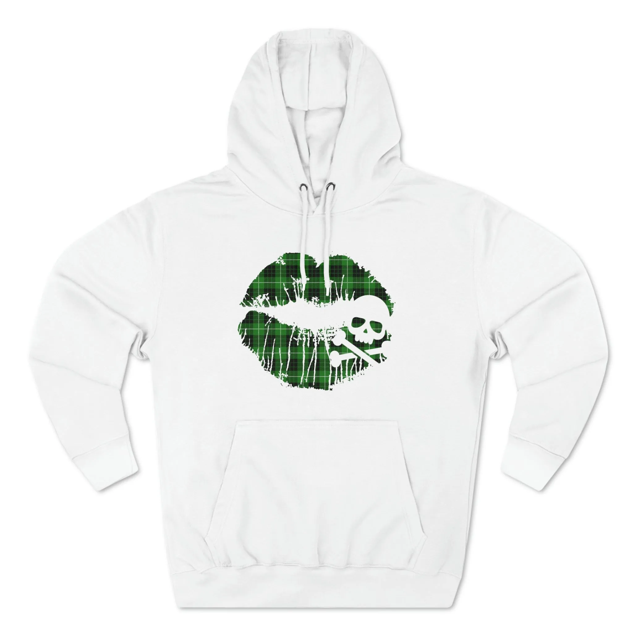 Skull & Crossbones Lips Green Plaid Unisex Premium Pullover Hoodie