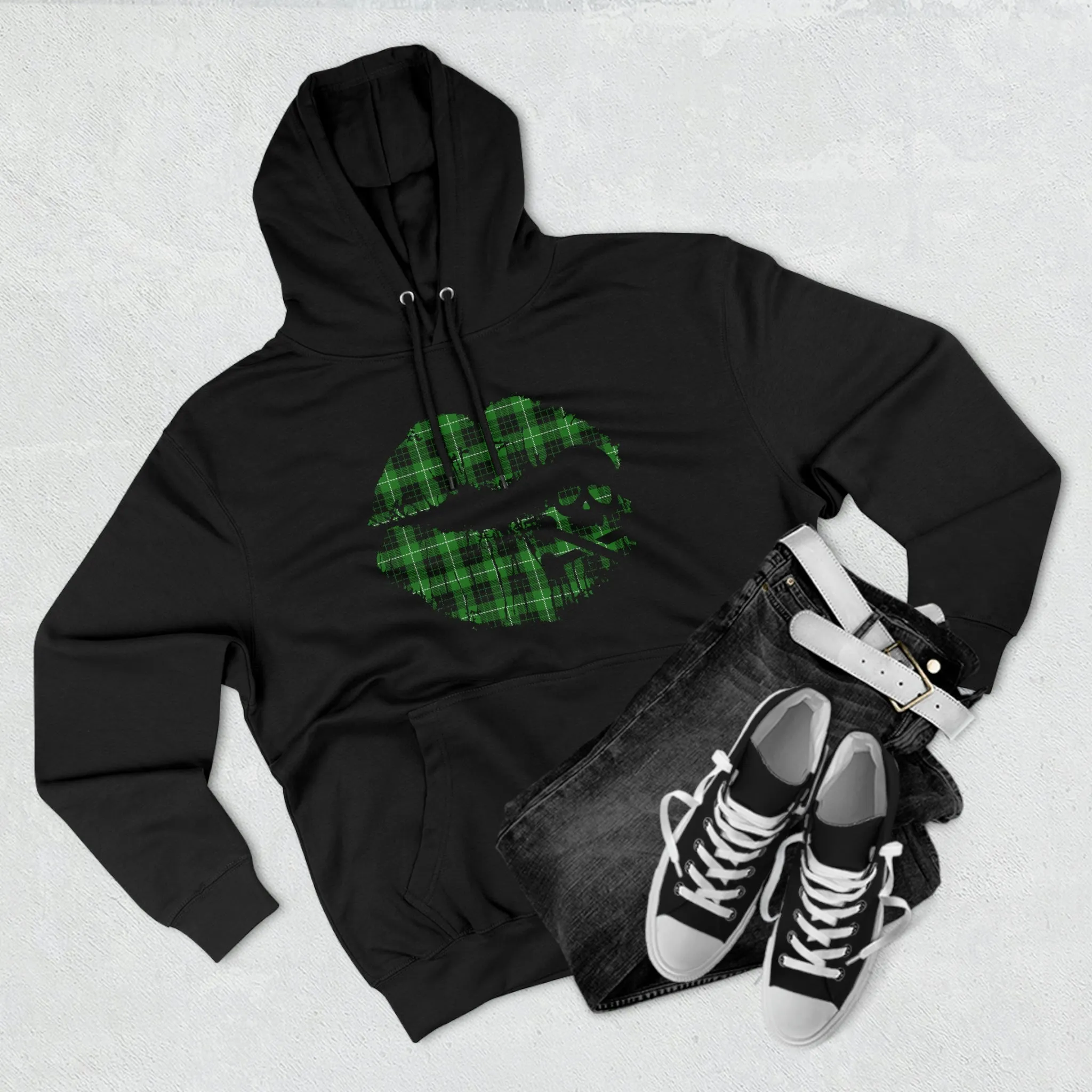 Skull & Crossbones Lips Green Plaid Unisex Premium Pullover Hoodie