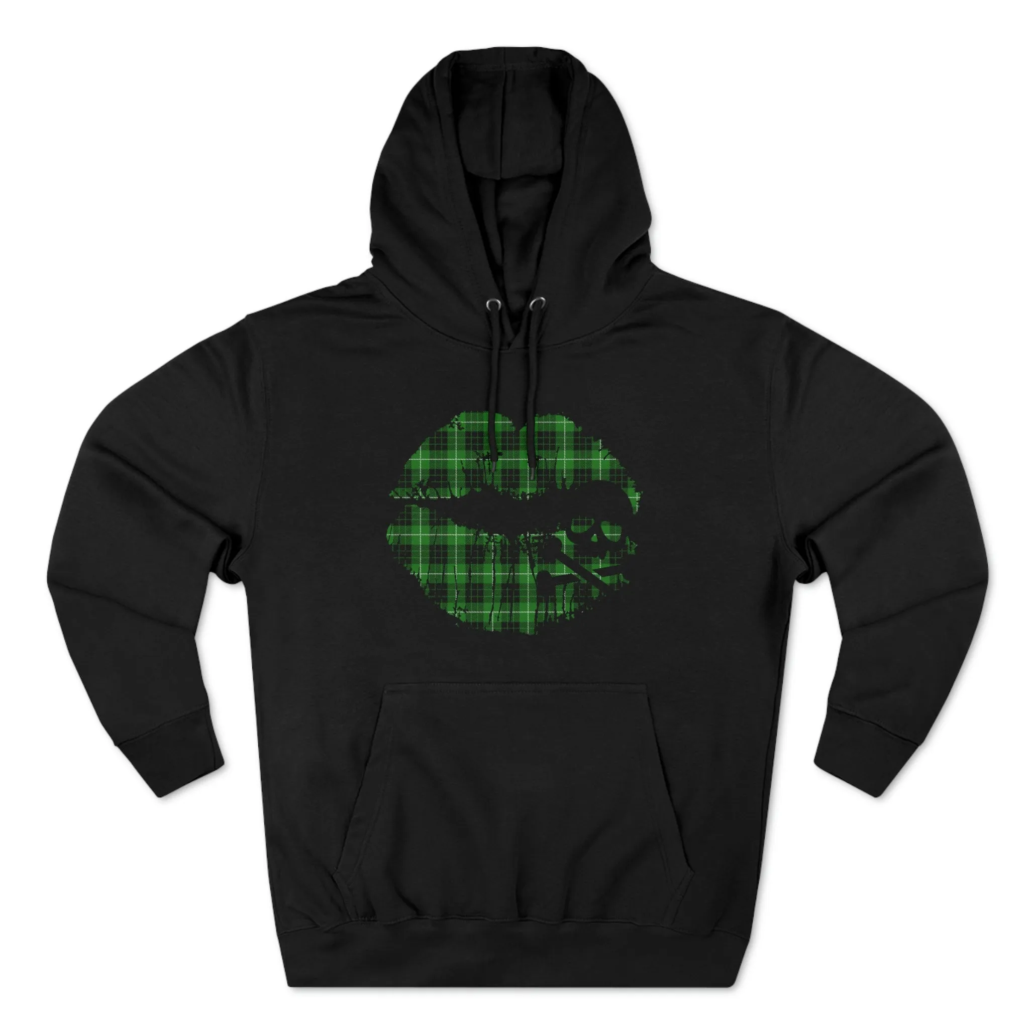 Skull & Crossbones Lips Green Plaid Unisex Premium Pullover Hoodie