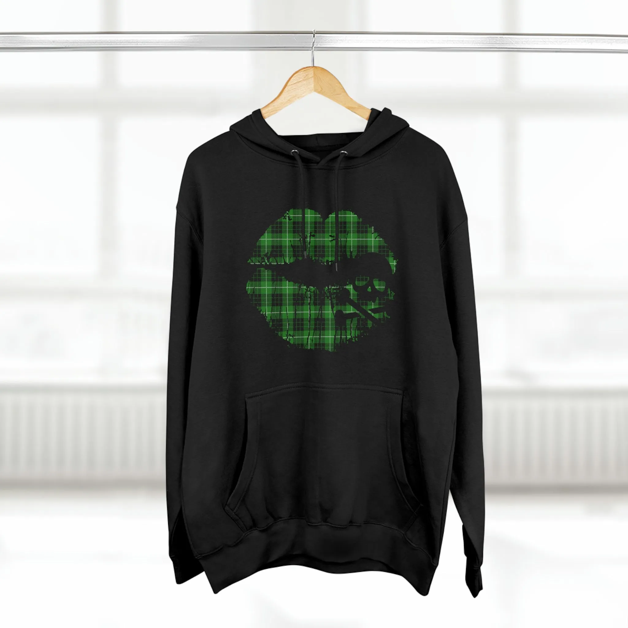 Skull & Crossbones Lips Green Plaid Unisex Premium Pullover Hoodie