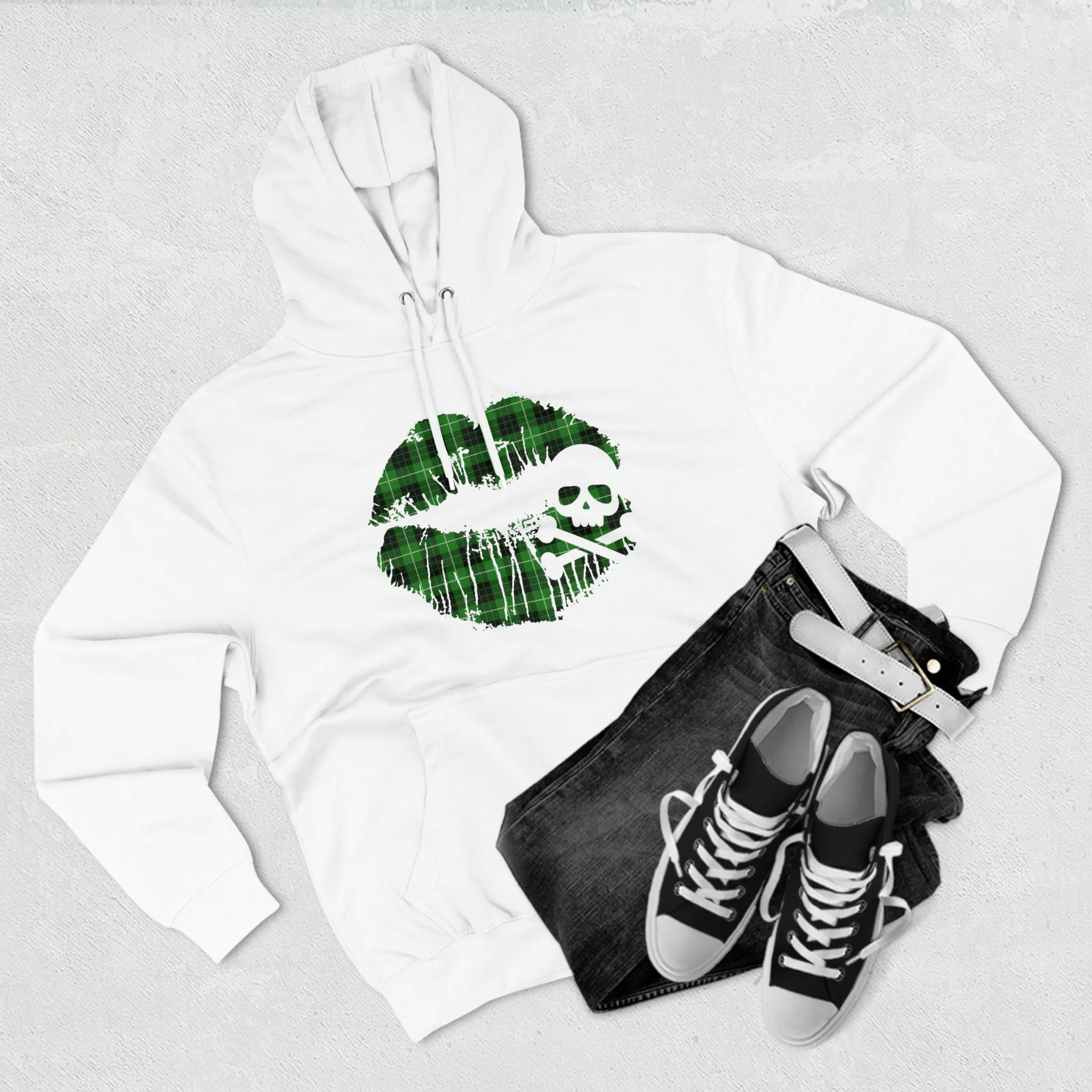 Skull & Crossbones Lips Green Plaid Unisex Premium Pullover Hoodie