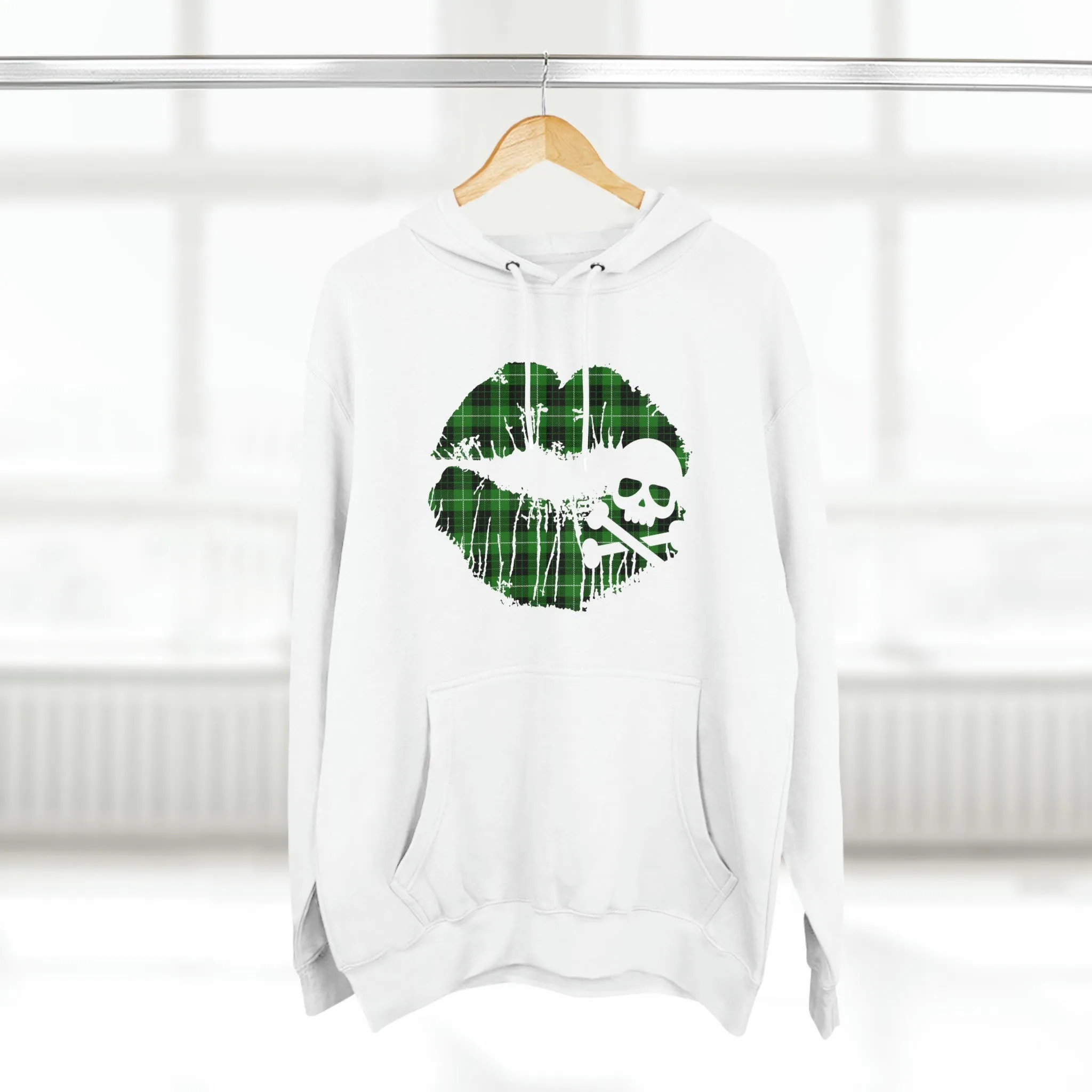 Skull & Crossbones Lips Green Plaid Unisex Premium Pullover Hoodie