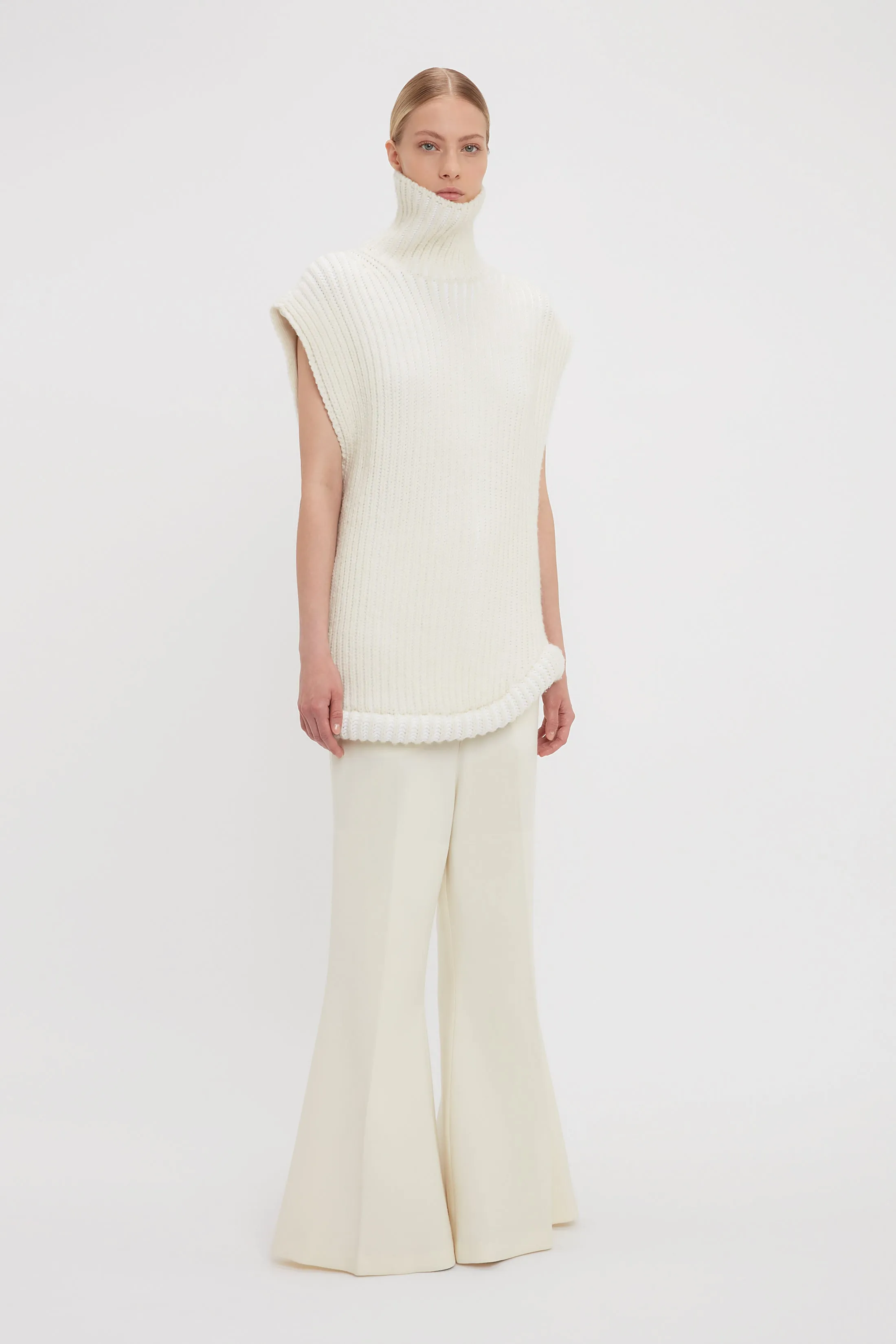 Sleeveless High Neck Knit Jumper In Ivory