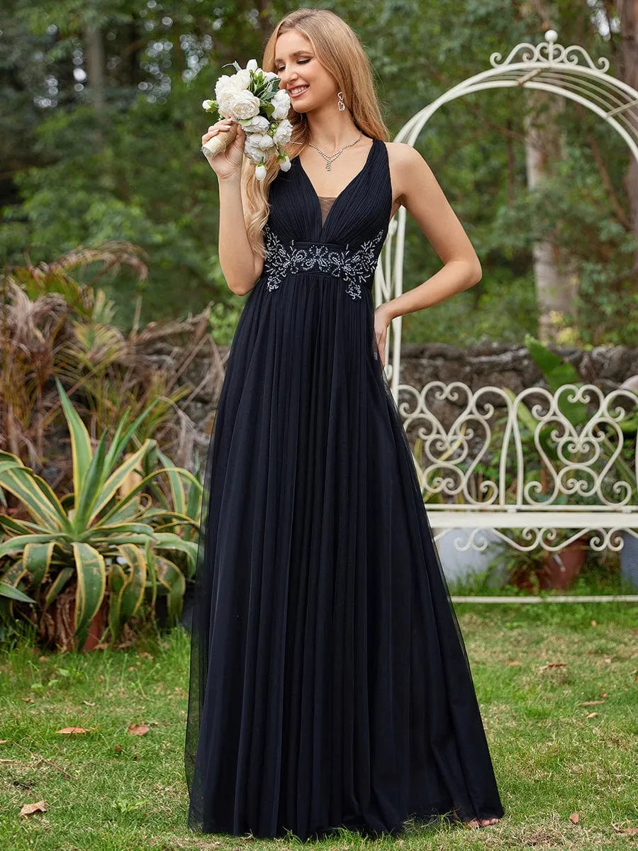 Sleeveless Waist Applique Cross-Back Straps Tulle Bridesmaid Dress