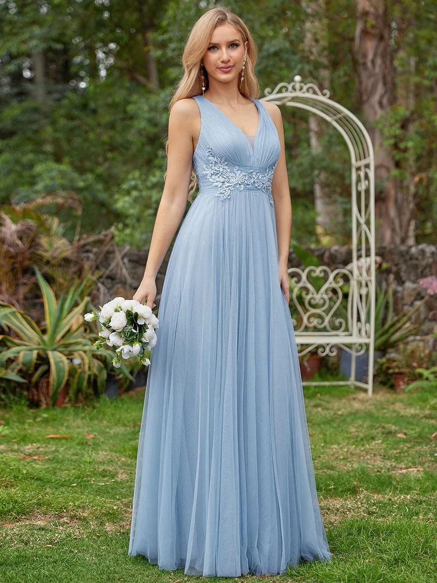 Sleeveless Waist Applique Cross-Back Straps Tulle Bridesmaid Dress