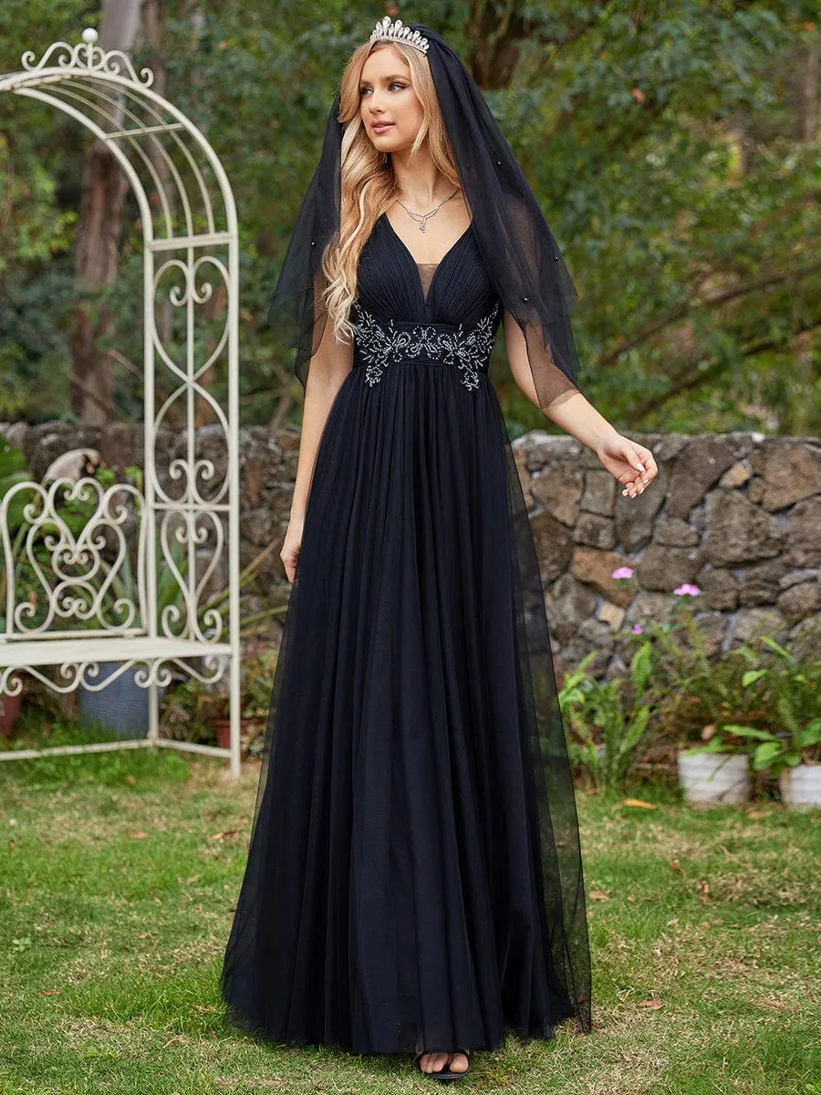 Sleeveless Waist Applique Cross-Back Straps Tulle Bridesmaid Dress