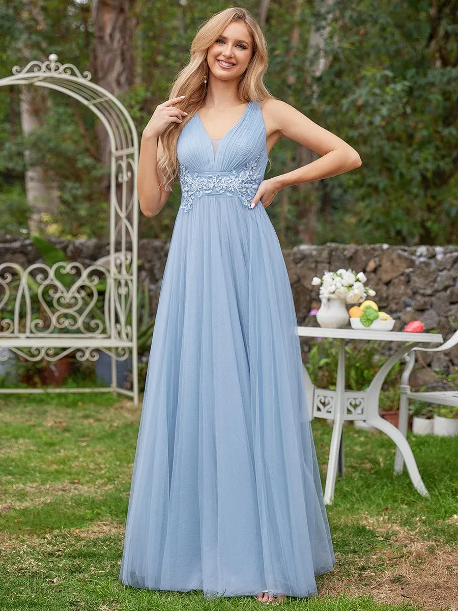 Sleeveless Waist Applique Cross-Back Straps Tulle Bridesmaid Dress