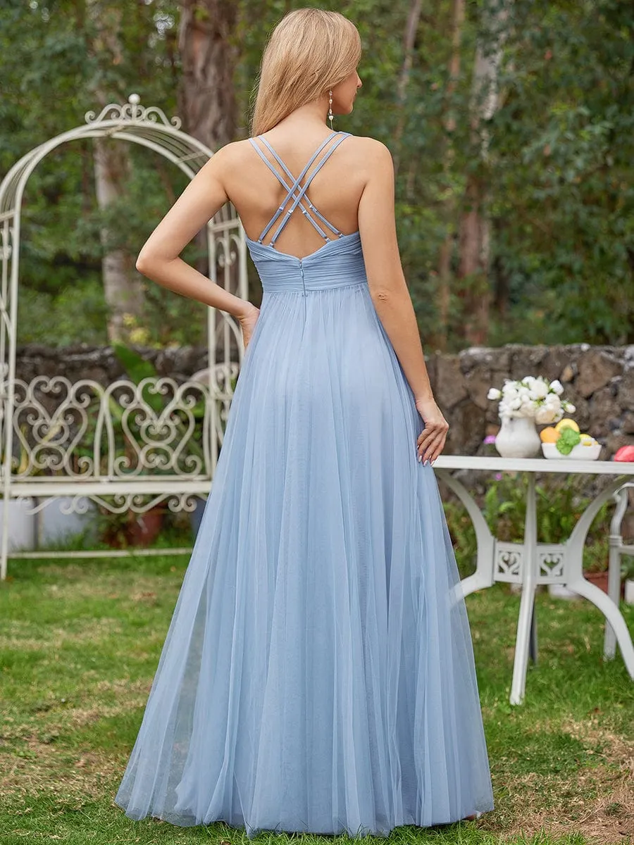 Sleeveless Waist Applique Cross-Back Straps Tulle Bridesmaid Dress