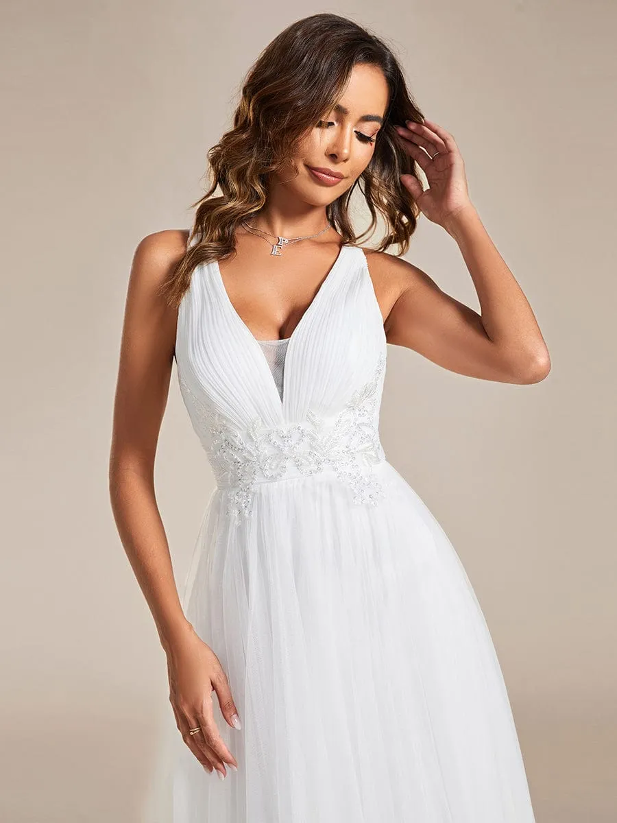 Sleeveless Waist Applique Cross-Back Straps Tulle Bridesmaid Dress