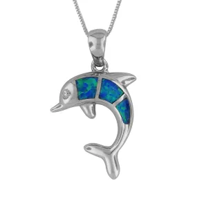 Sterling Silver Synthetic Opal Dolphin Pendant Necklace, 16 2" Extender