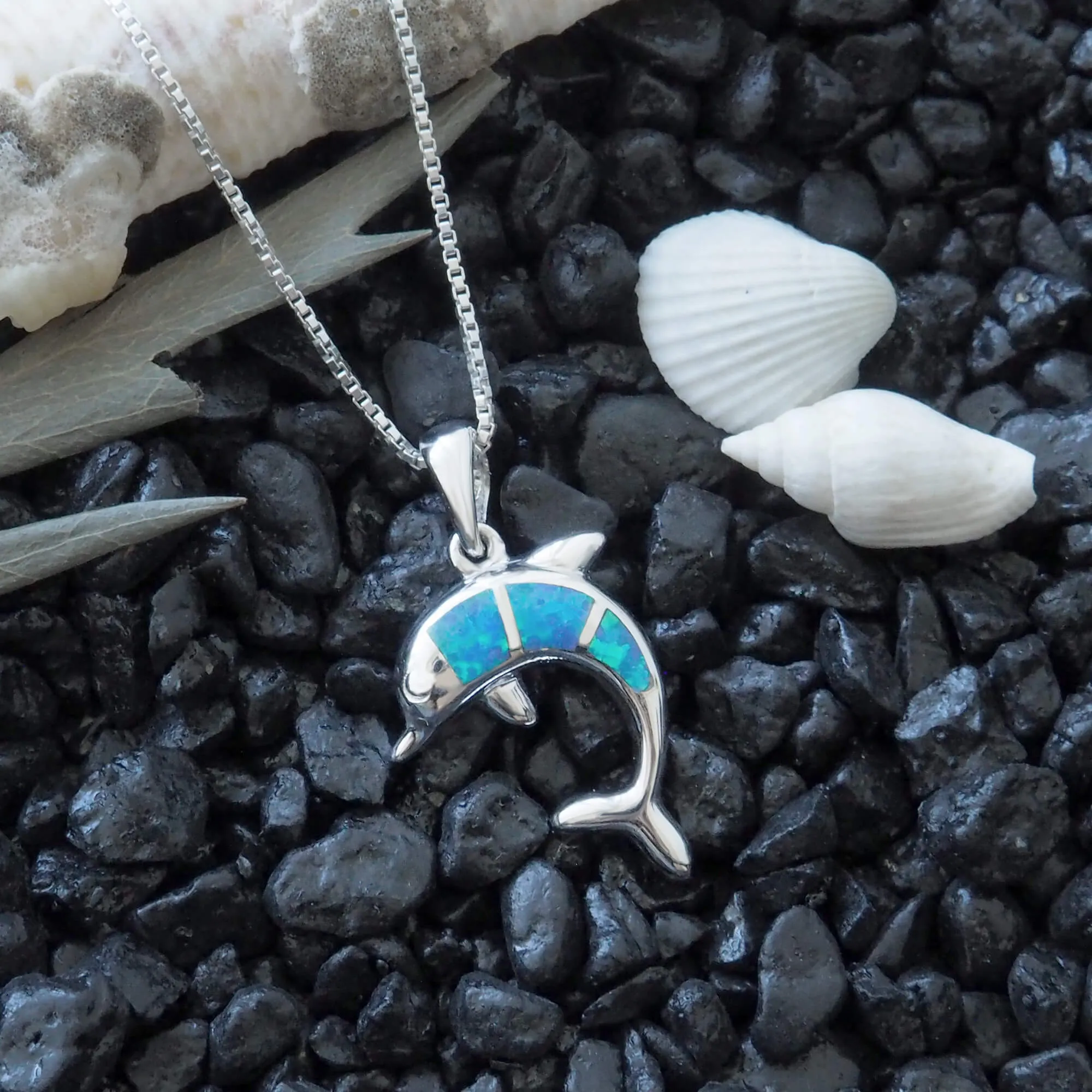 Sterling Silver Synthetic Opal Dolphin Pendant Necklace, 16 2" Extender