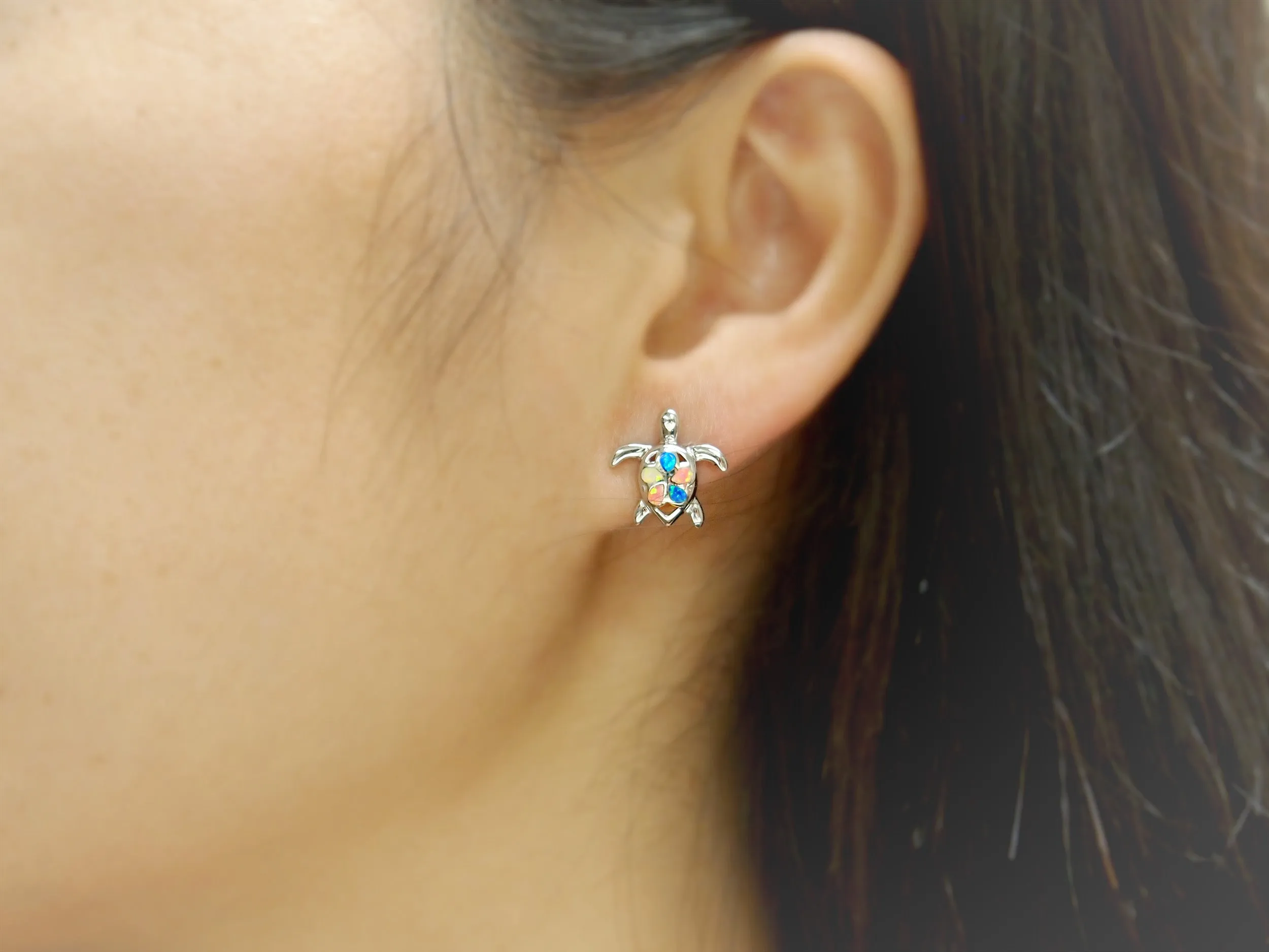 Sterling Silver Synthetic Opal Turtle Plumeria Stud Earrings