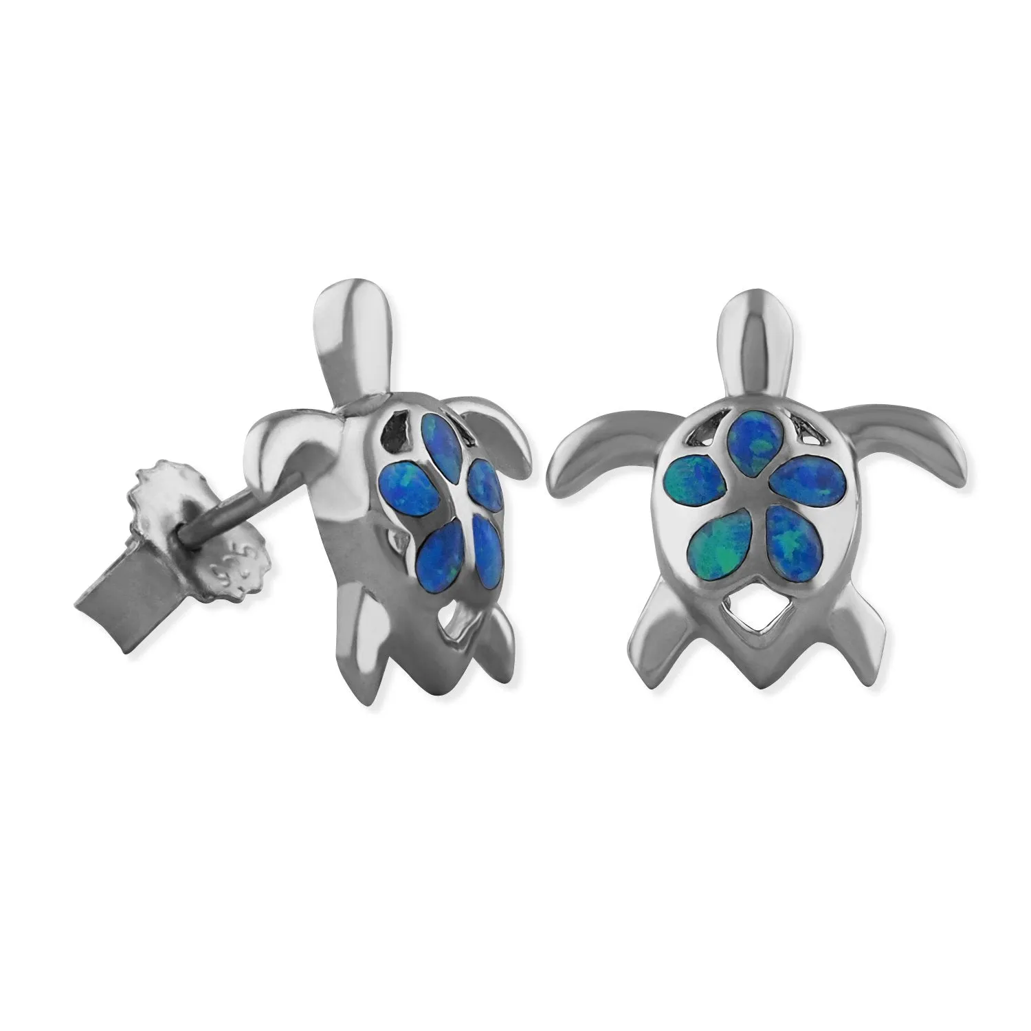 Sterling Silver Synthetic Opal Turtle Plumeria Stud Earrings