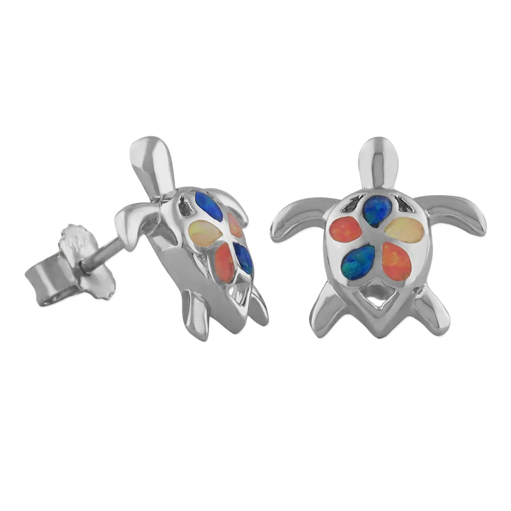 Sterling Silver Synthetic Opal Turtle Plumeria Stud Earrings