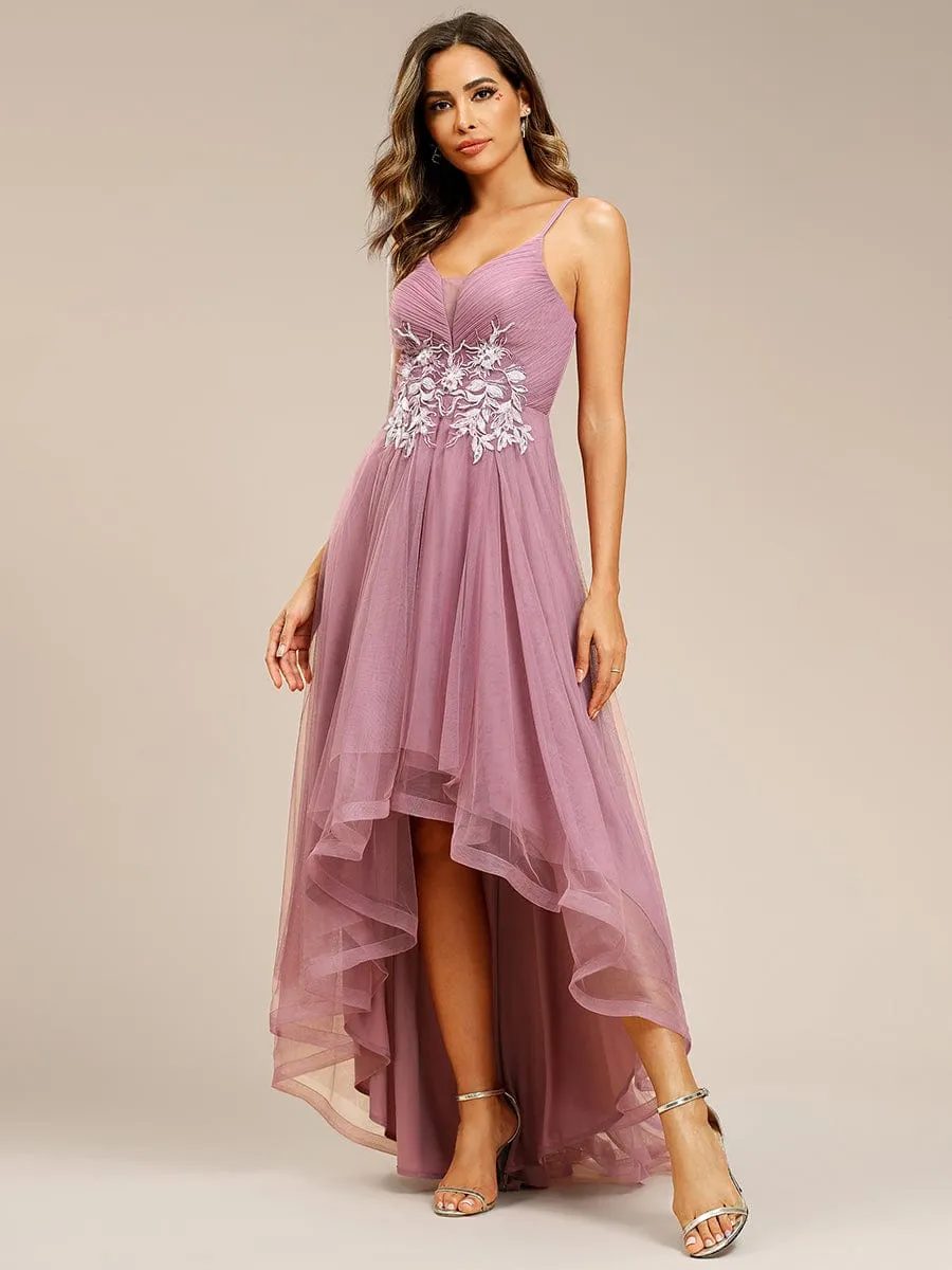 Stylish Floral Embroidered Waist High-Low Prom Dress