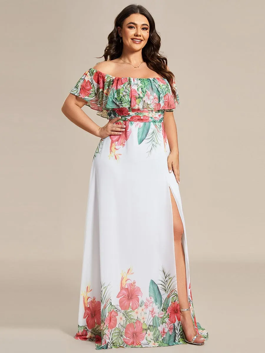 Summer Plus Size Off the Shoulder Elastic Waist Printed Evening Dress