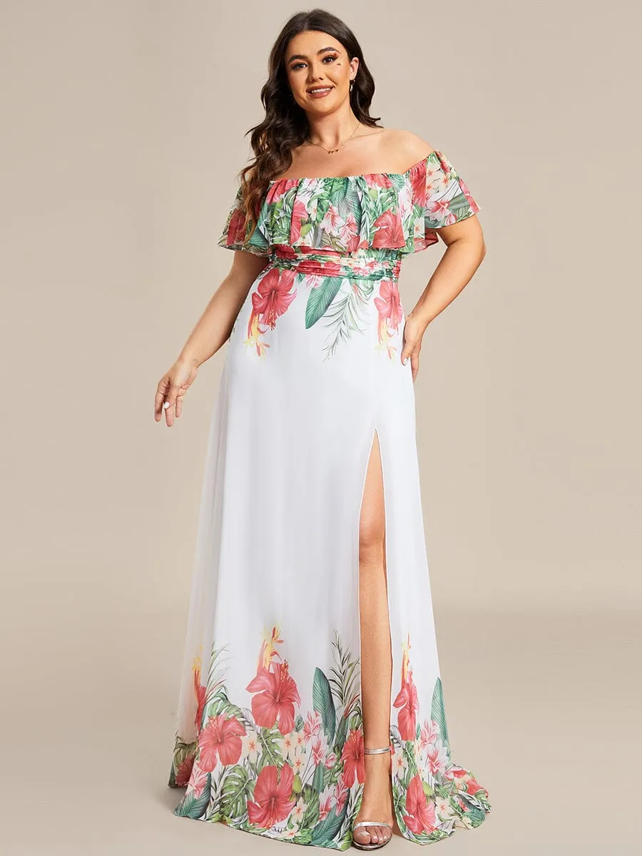 Summer Plus Size Off the Shoulder Elastic Waist Printed Evening Dress