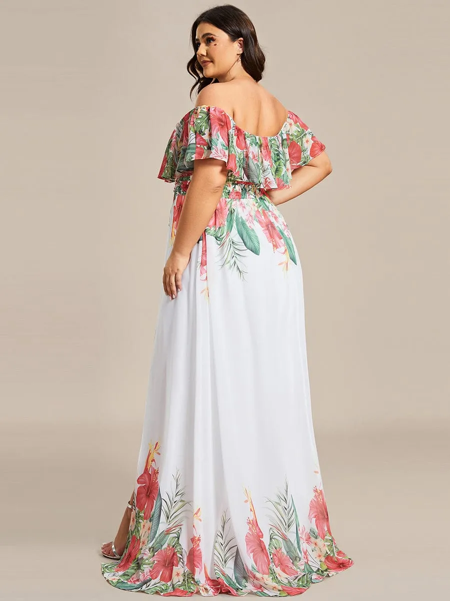 Summer Plus Size Off the Shoulder Elastic Waist Printed Evening Dress