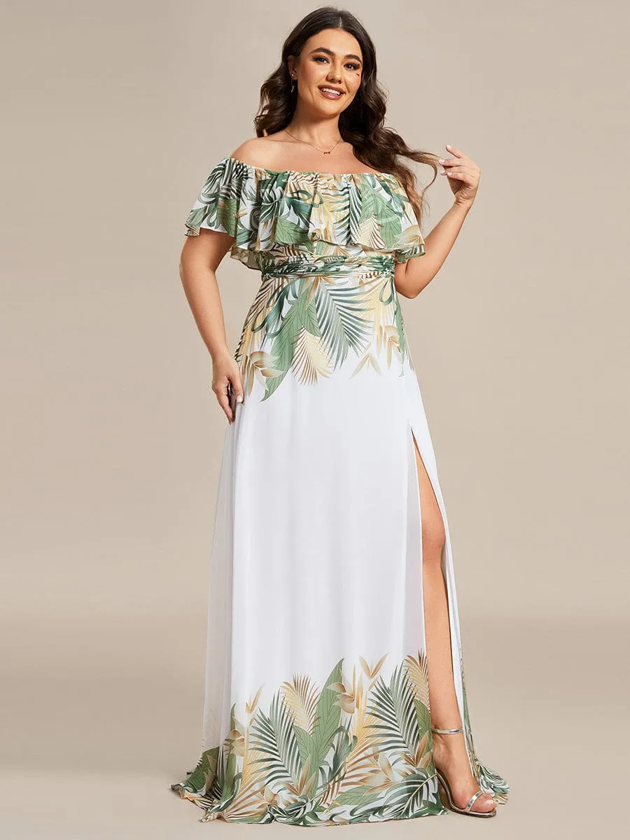 Summer Plus Size Off the Shoulder Elastic Waist Printed Evening Dress