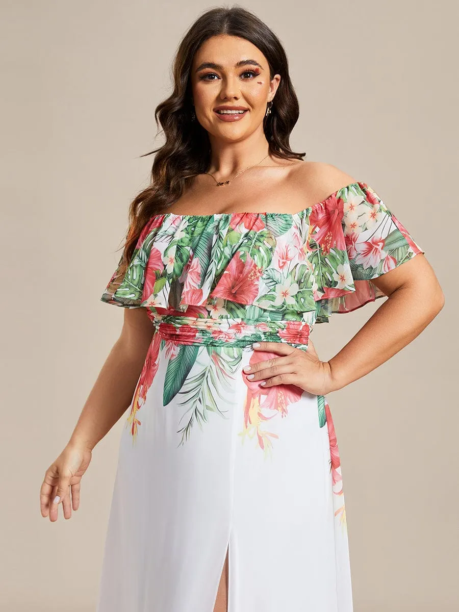 Summer Plus Size Off the Shoulder Elastic Waist Printed Evening Dress