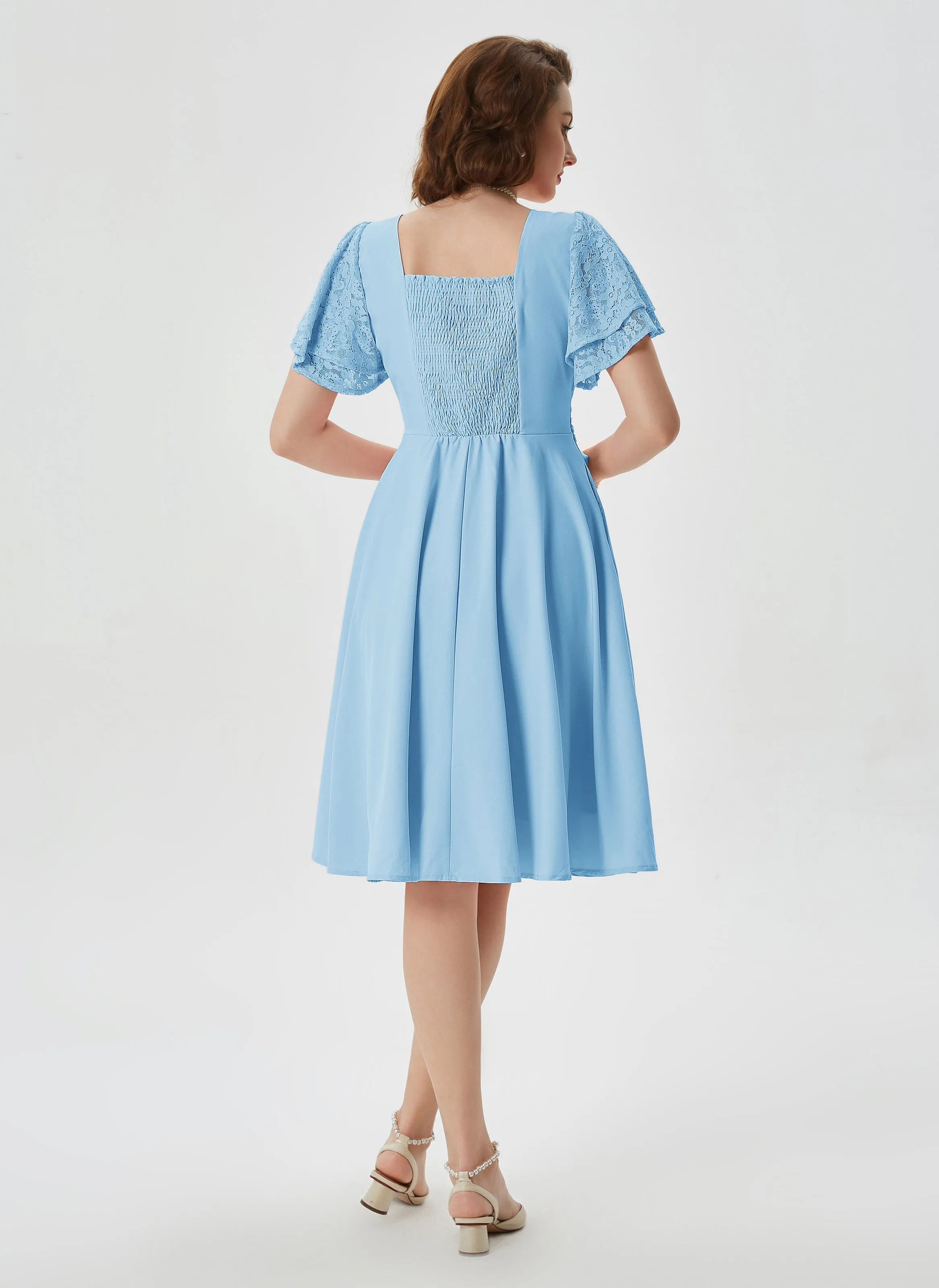 Summer Short Puff Sleeve Cherry Patterns Cocktail Dress Vintage V-Neck A Line Swing Dresses with Belts