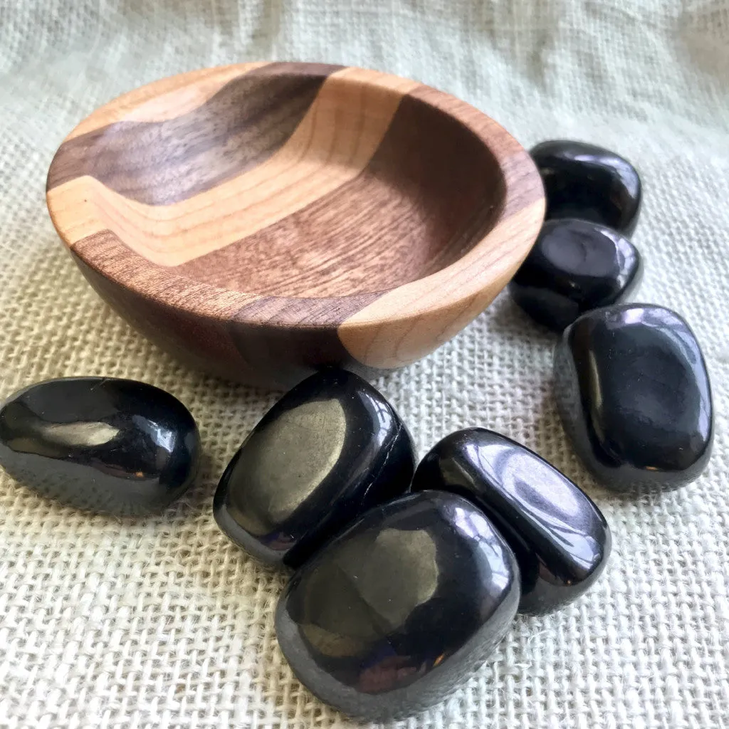 Tumbled Black Shungite Stones in Hand-turned, Laminated Wood Bowl