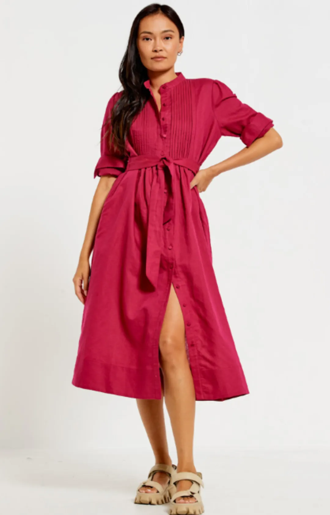 Tuxedo Bib Midi Dress - Magenta