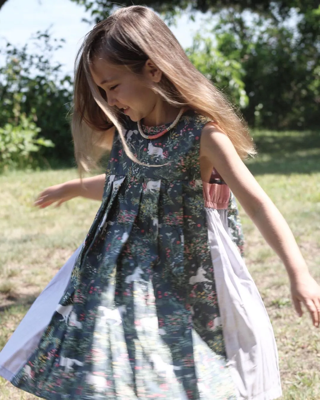 Unicorn Print Pleated Cotton Dress