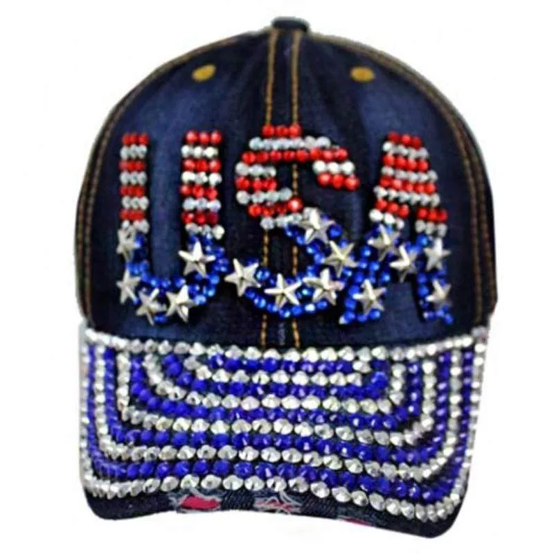 USA Flag Design Bling Bling Studs Denim Washing Cap