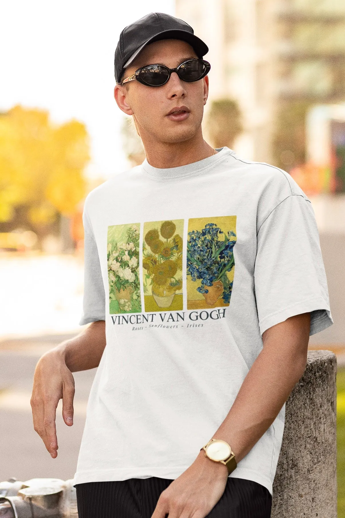 Vincent Van Gogh (Roses, Sunflowers & Irises) Graphic Printed Unisex White Oversized T Shirt