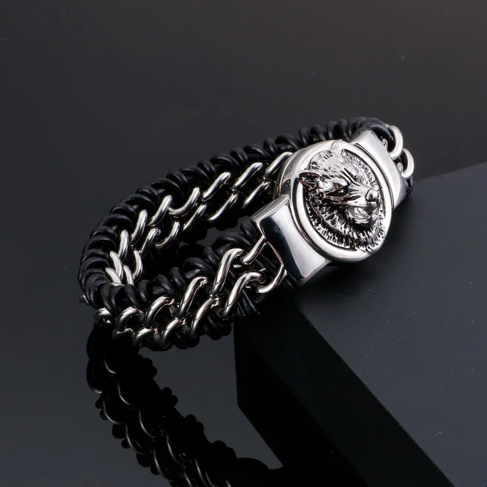 Woven Leather Stainless Steel Wolf Medallion Bracelet