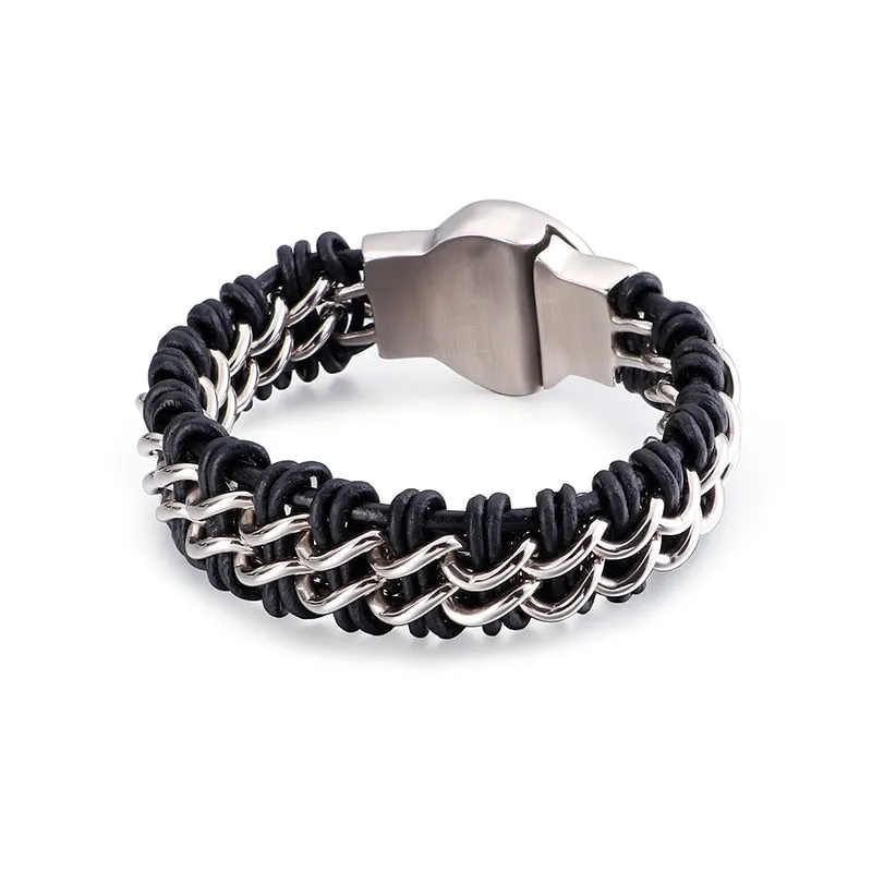 Woven Leather Stainless Steel Wolf Medallion Bracelet