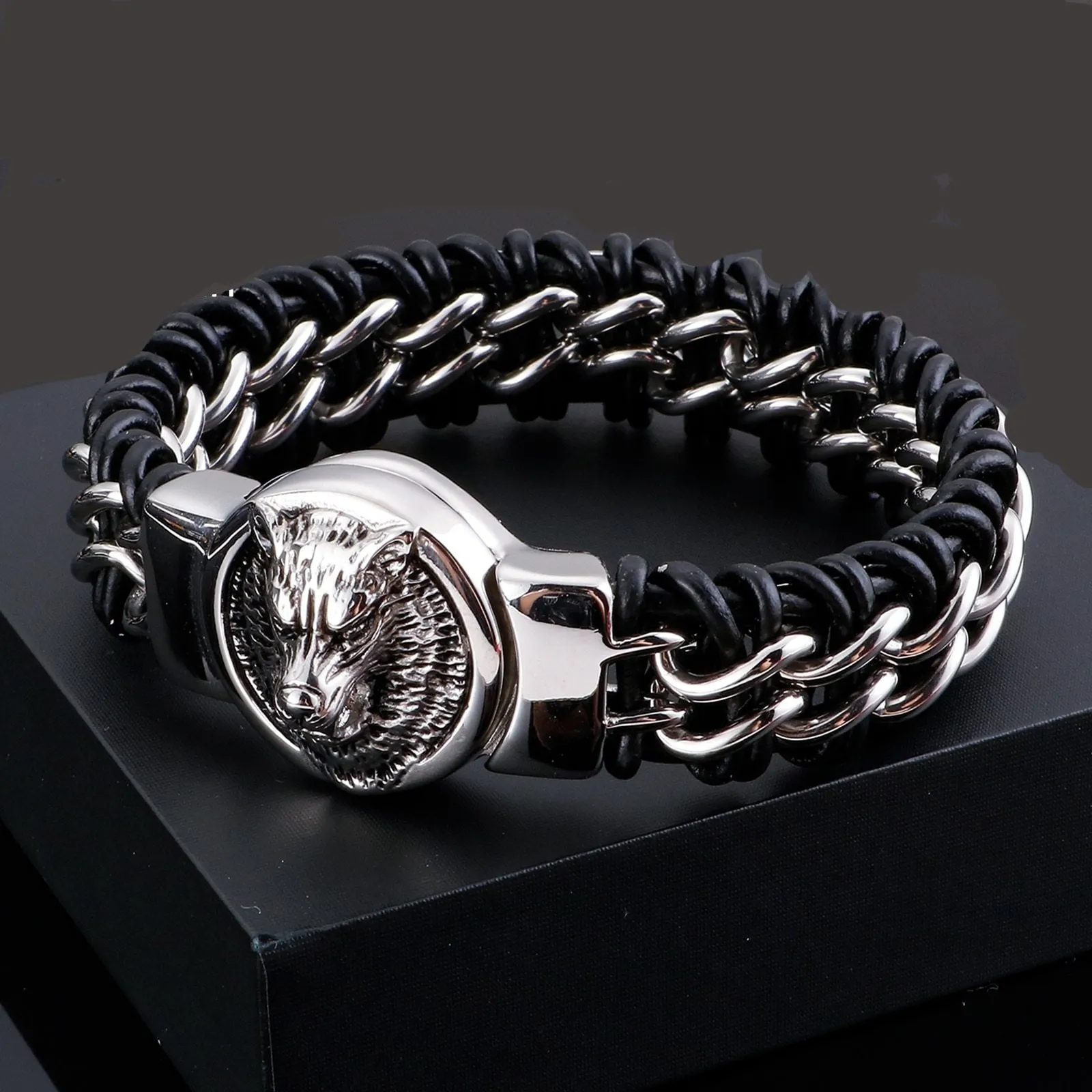 Woven Leather Stainless Steel Wolf Medallion Bracelet